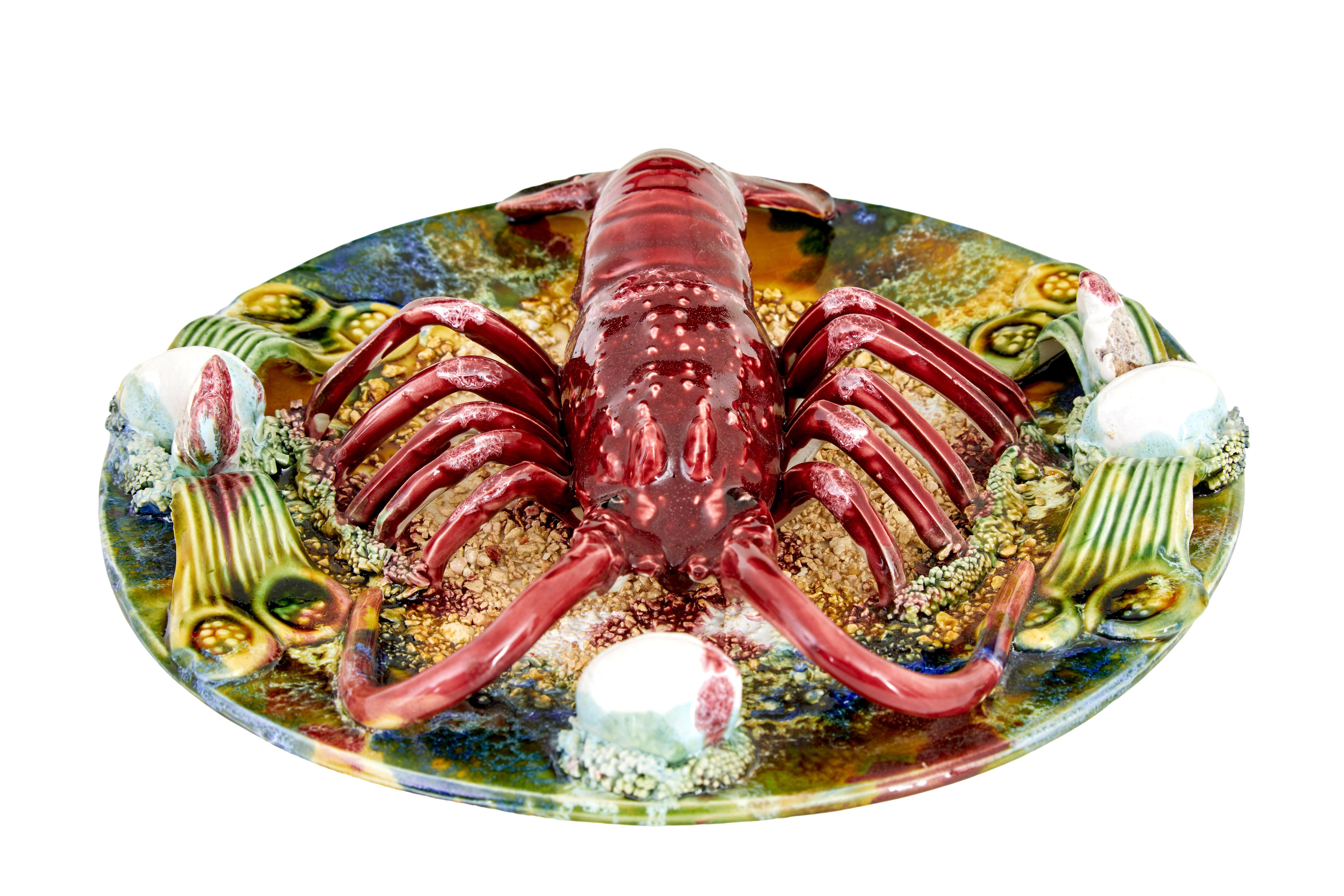 Mid 20th century decorative palissy lobster plate In Good Condition For Sale In Debenham, Suffolk