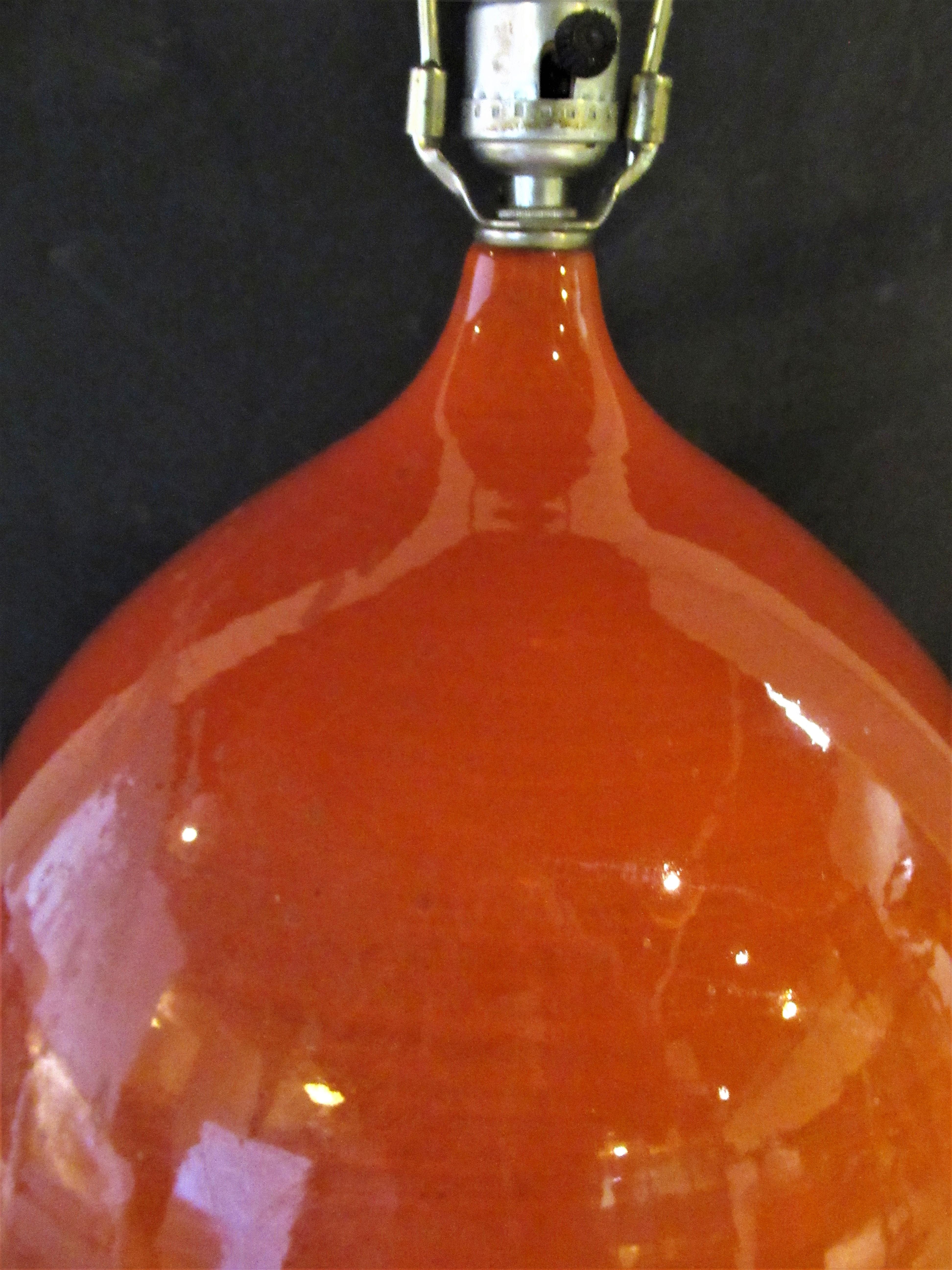 Mid-Century Modern Mid-20th Century Deep Orange Glazed Big Ovoid Form Ceramic Lamp