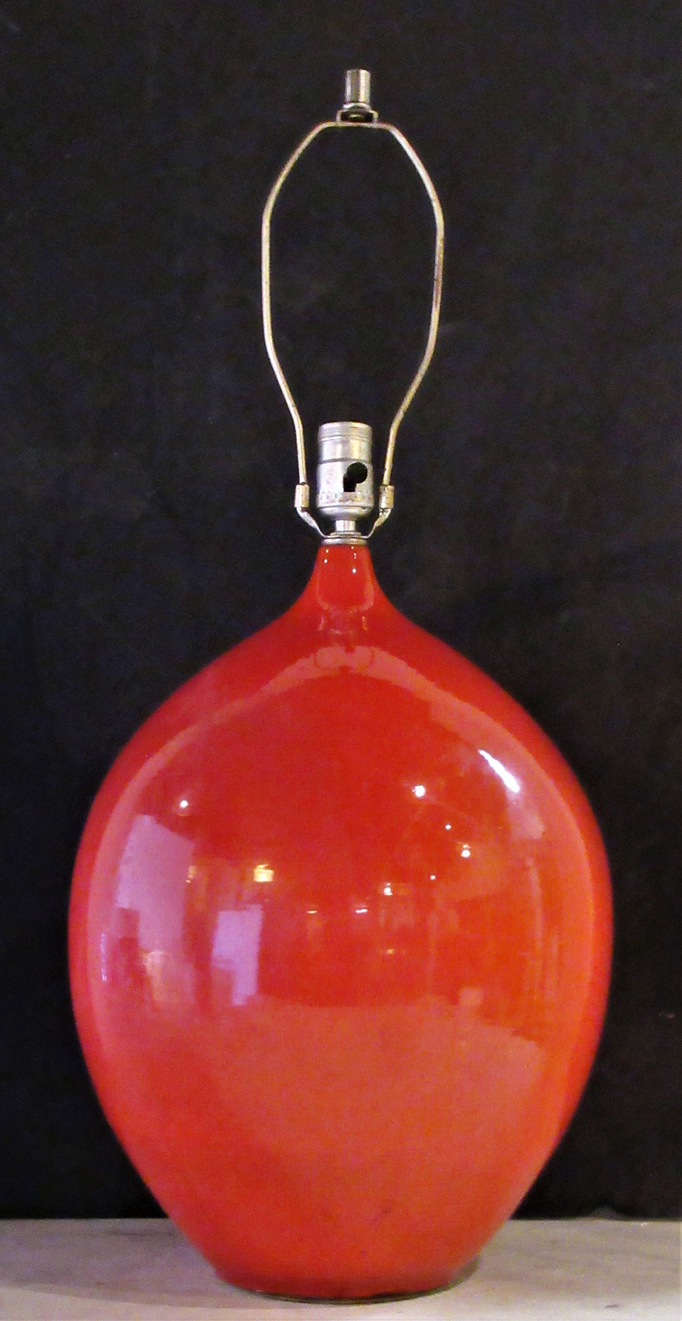 Mid-20th Century Deep Orange Glazed Big Ovoid Form Ceramic Lamp 1