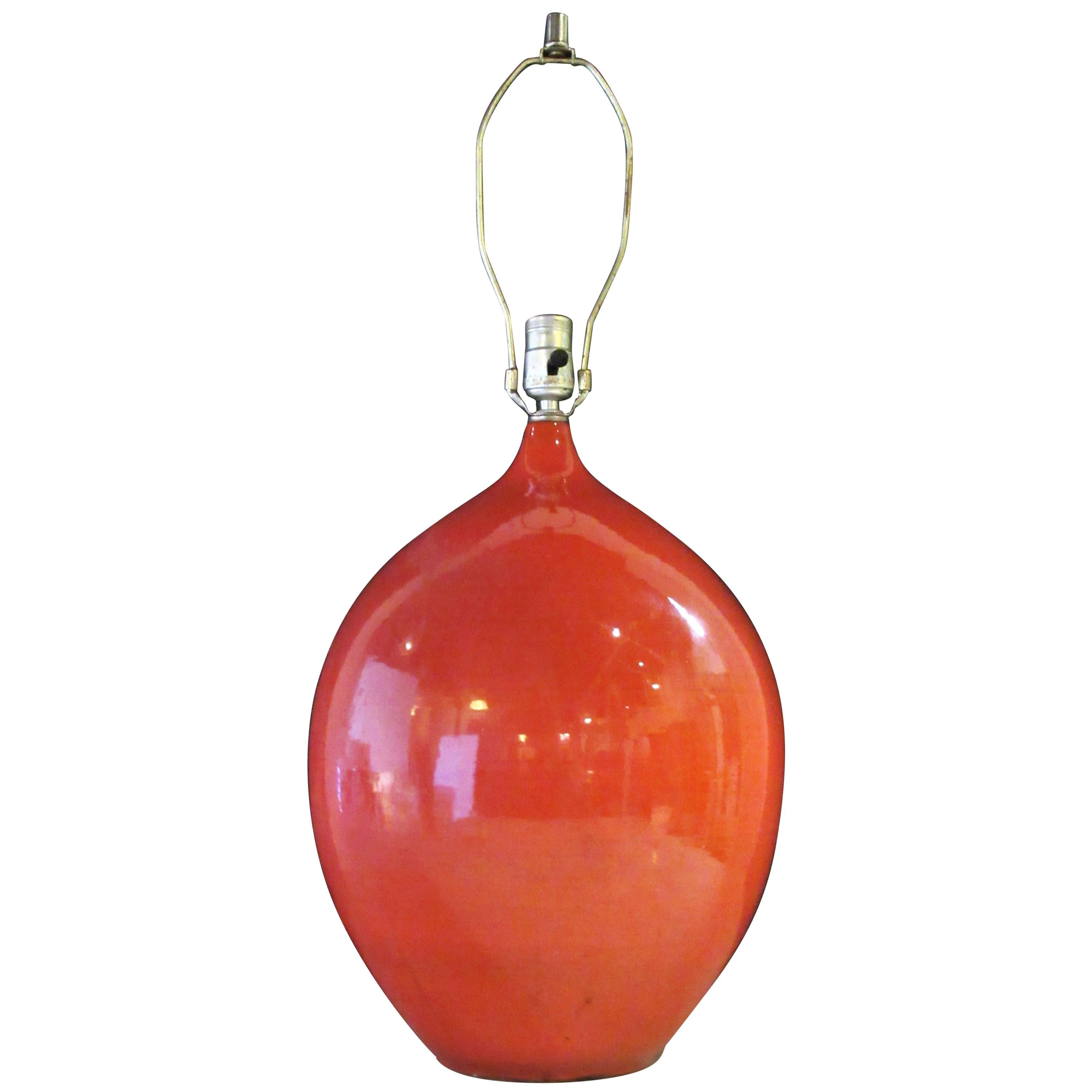 Mid-20th Century Deep Orange Glazed Big Ovoid Form Ceramic Lamp