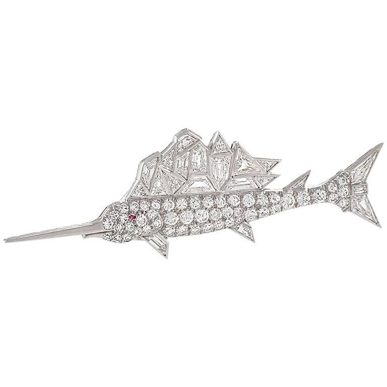 Mid-20th Century Diamond and Platinum Sailfish Brooch