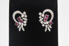 Mid 20th Century Diamond and Ruby Spray White Gold Earrings