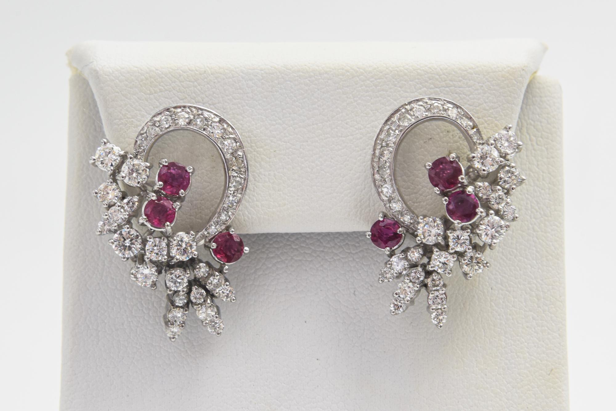 Round Cut Mid 20th Century Diamond and Ruby Spray White Gold Earrings For Sale