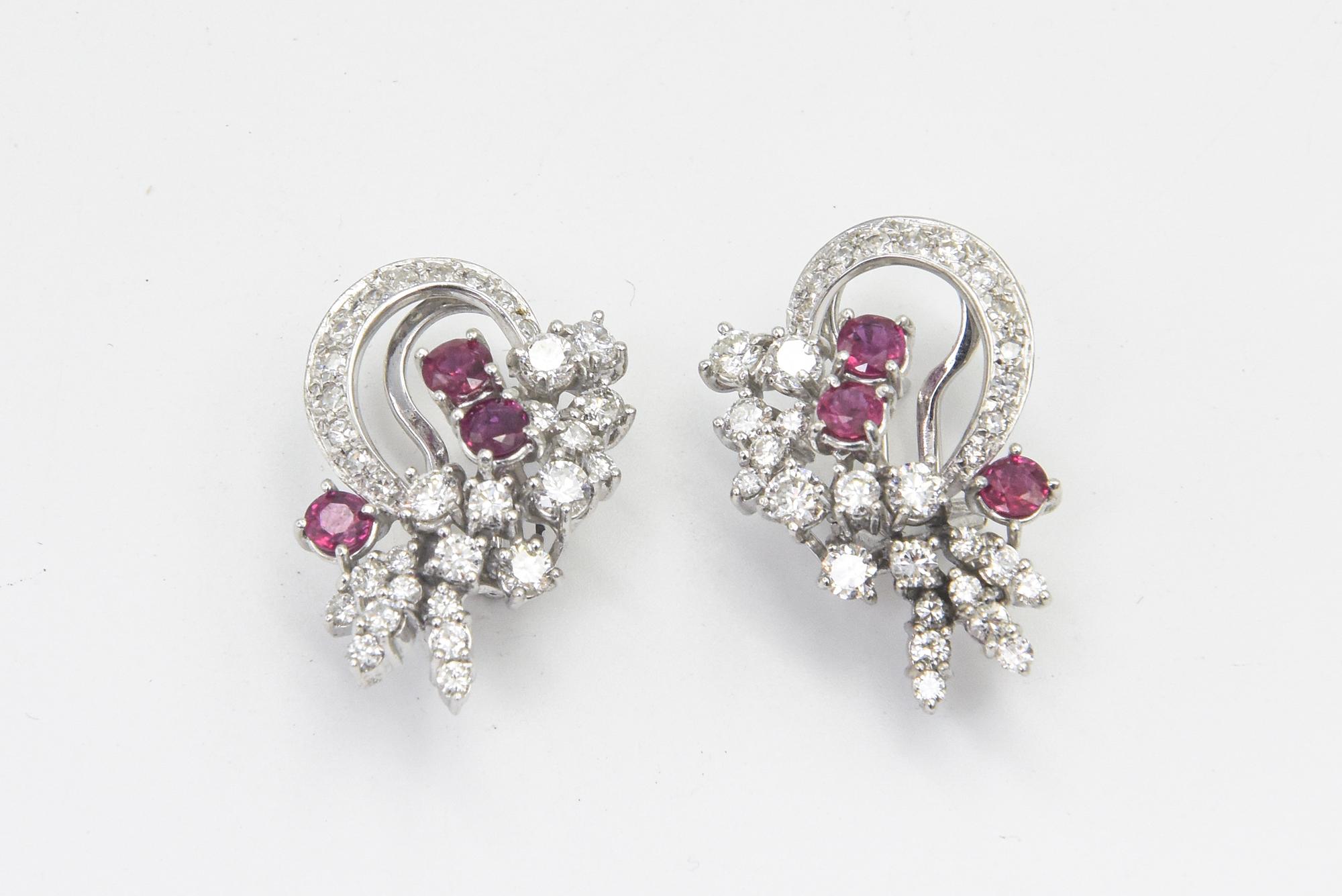 Mid 20th Century Diamond and Ruby Spray White Gold Earrings In Good Condition For Sale In Miami Beach, FL