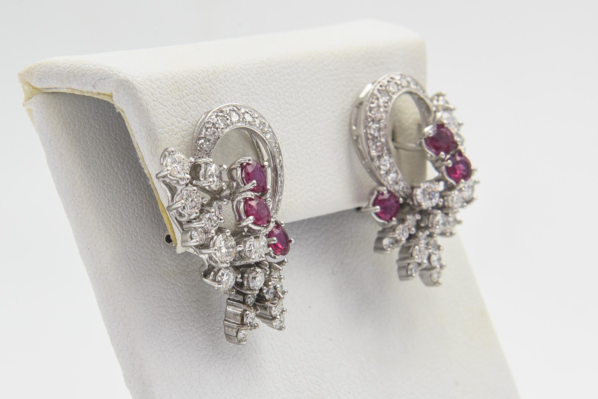 Women's Mid 20th Century Diamond and Ruby Spray White Gold Earrings For Sale