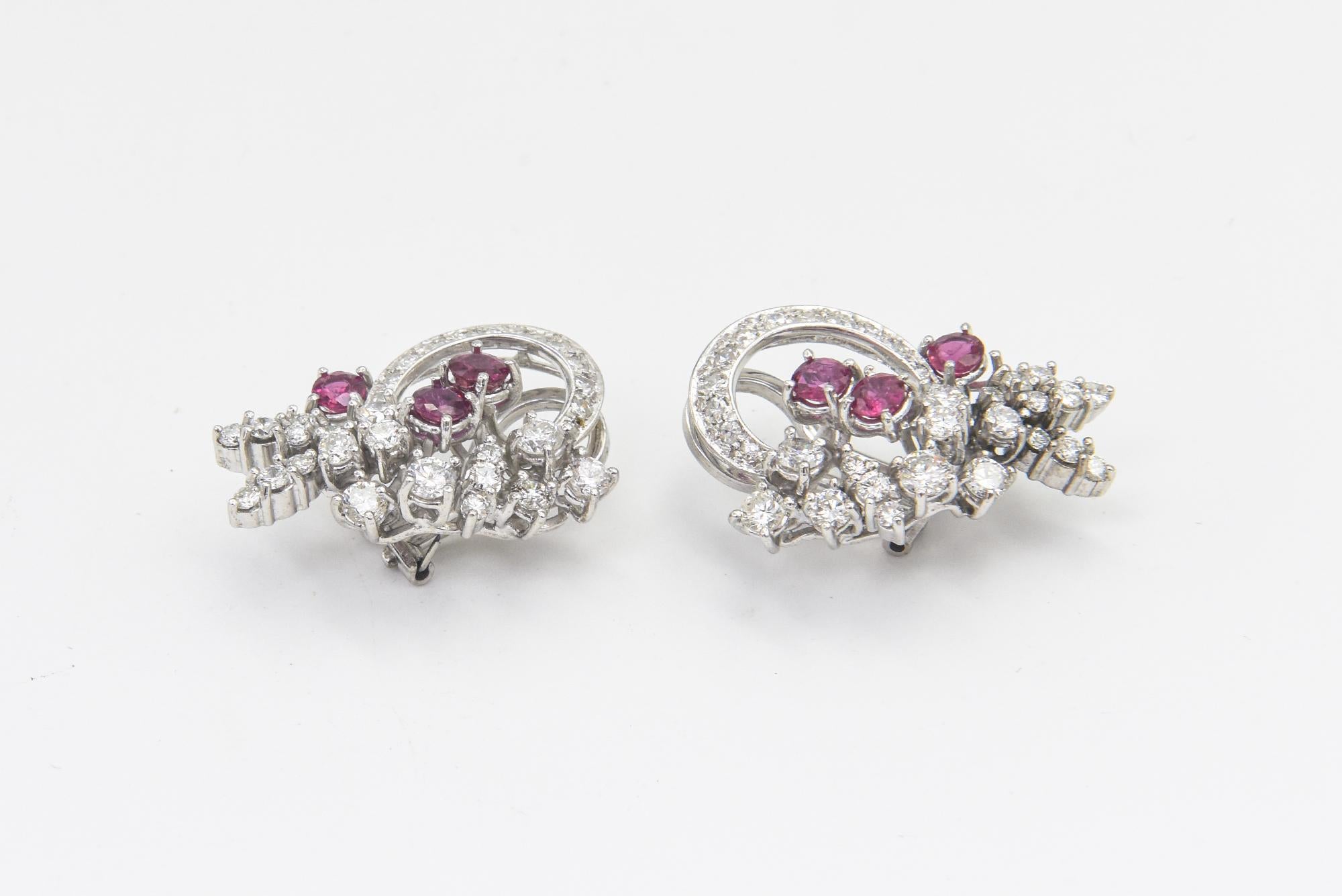 Mid 20th Century Diamond and Ruby Spray White Gold Earrings For Sale 1