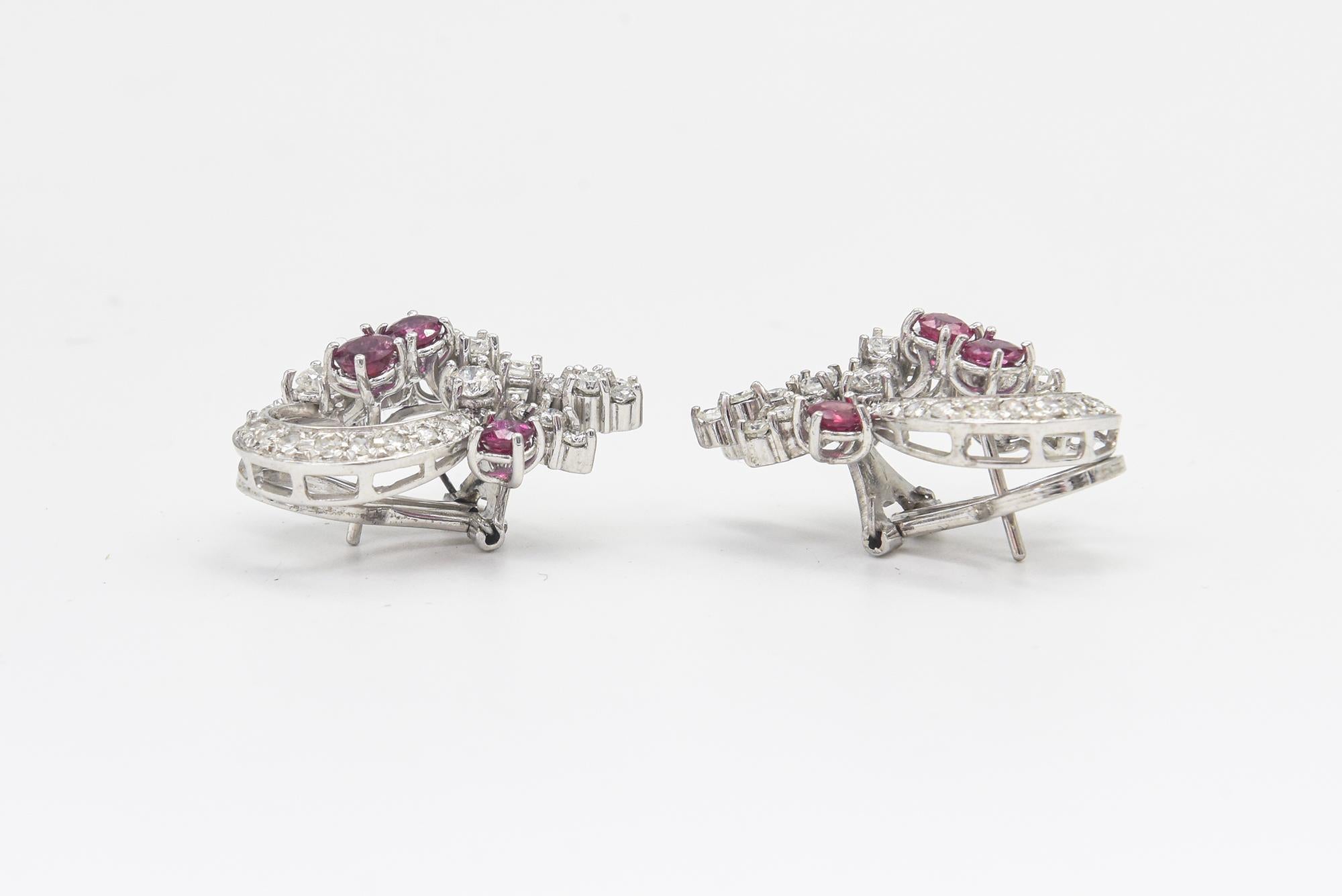 Mid 20th Century Diamond and Ruby Spray White Gold Earrings For Sale 2