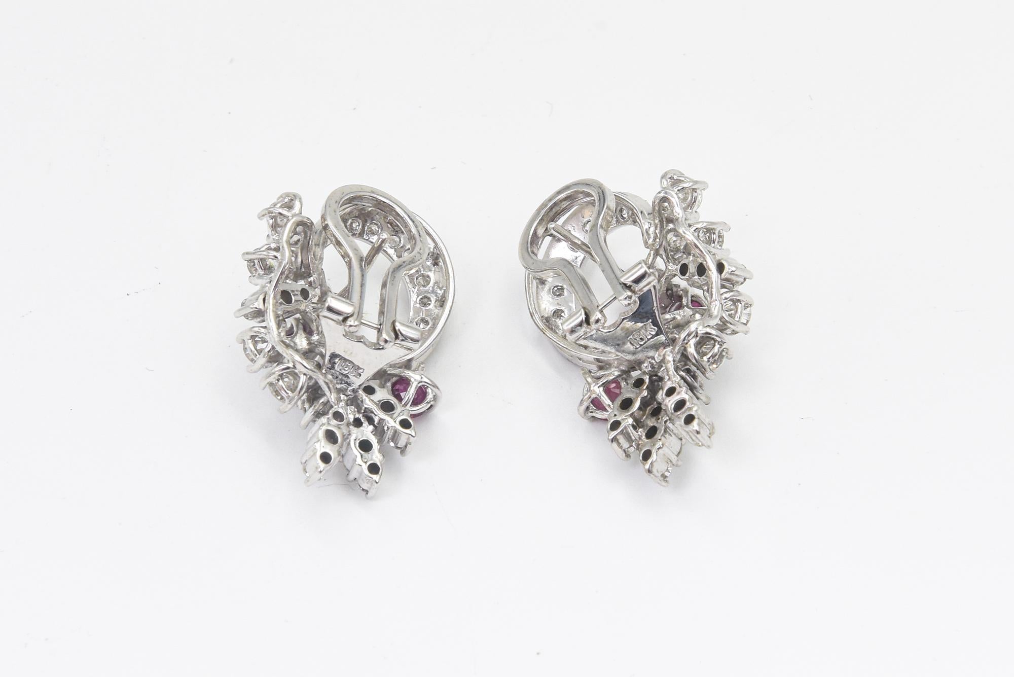 Mid 20th Century Diamond and Ruby Spray White Gold Earrings For Sale 3