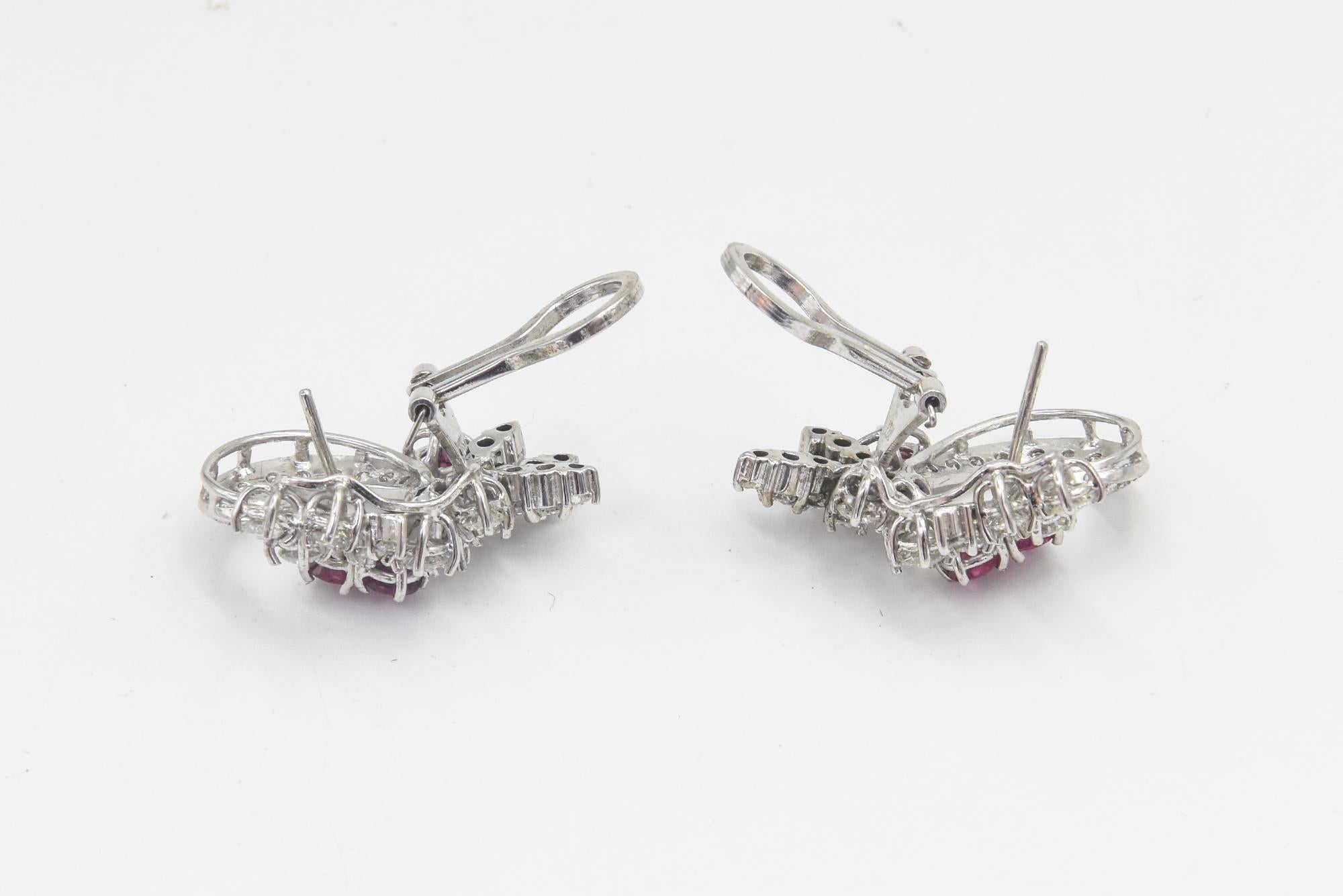 Mid 20th Century Diamond and Ruby Spray White Gold Earrings For Sale 4