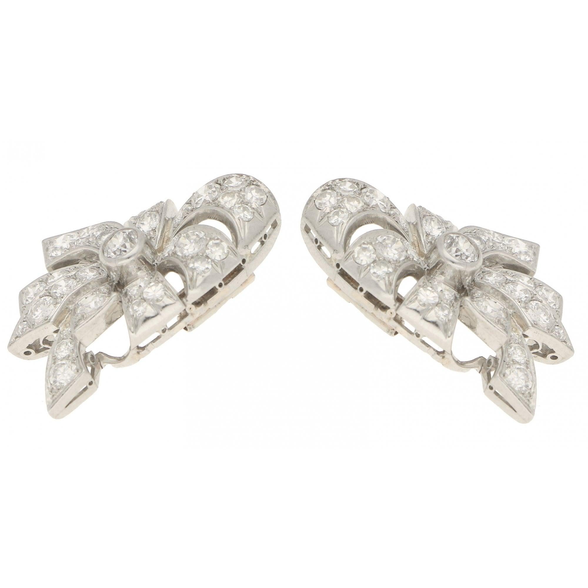 Mid-20th Century Diamond Bow Earrings in White Gold 4.20ct approx 1