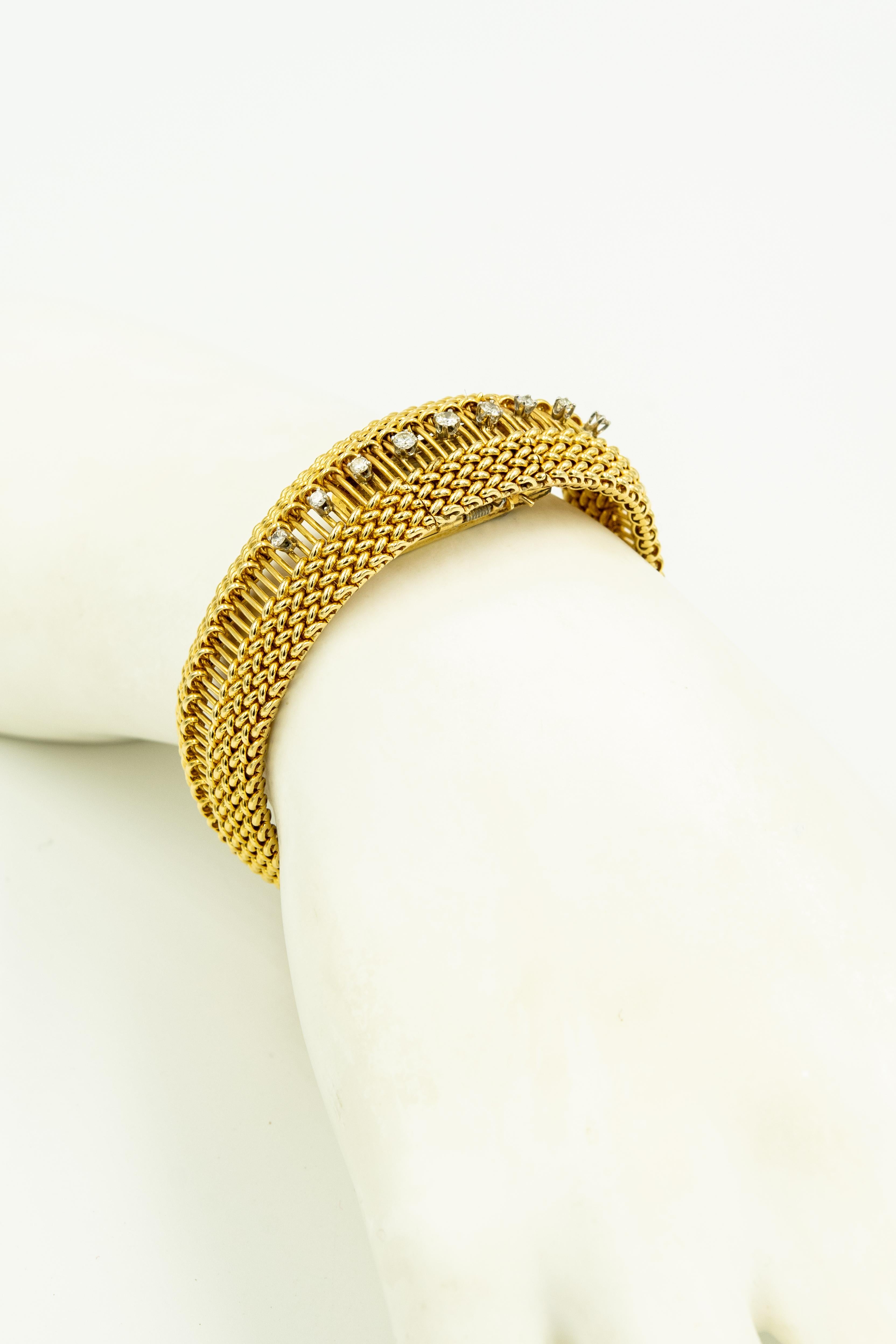 Mid-20th Century Diamond Covered Woven Yellow Gold Ladies Wristwatch Bracelet 6
