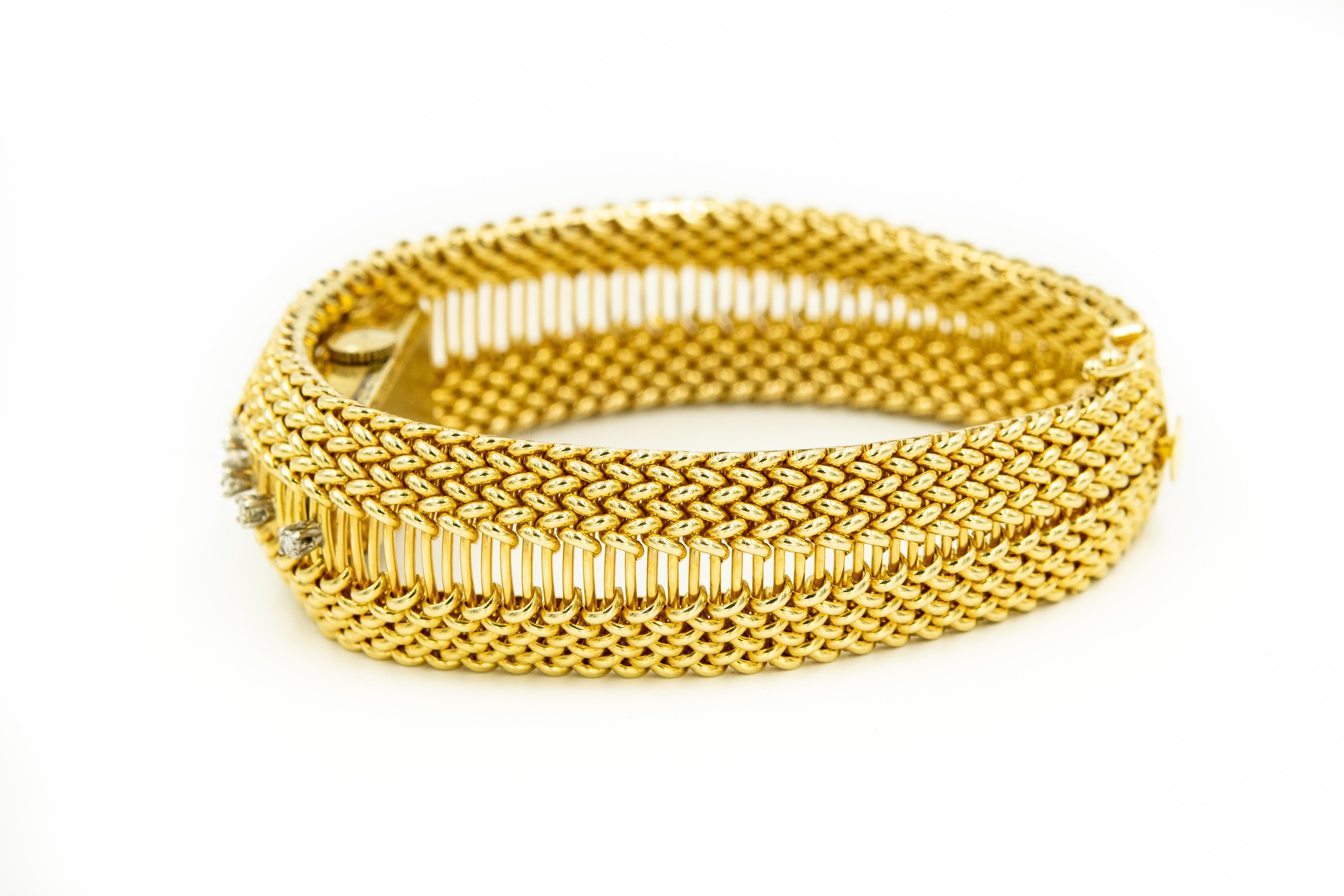 Mittleres 20. Jahrhundert Diamantbesetztes gewebtes Gelbgold Damenarmbanduhr-Armband 1