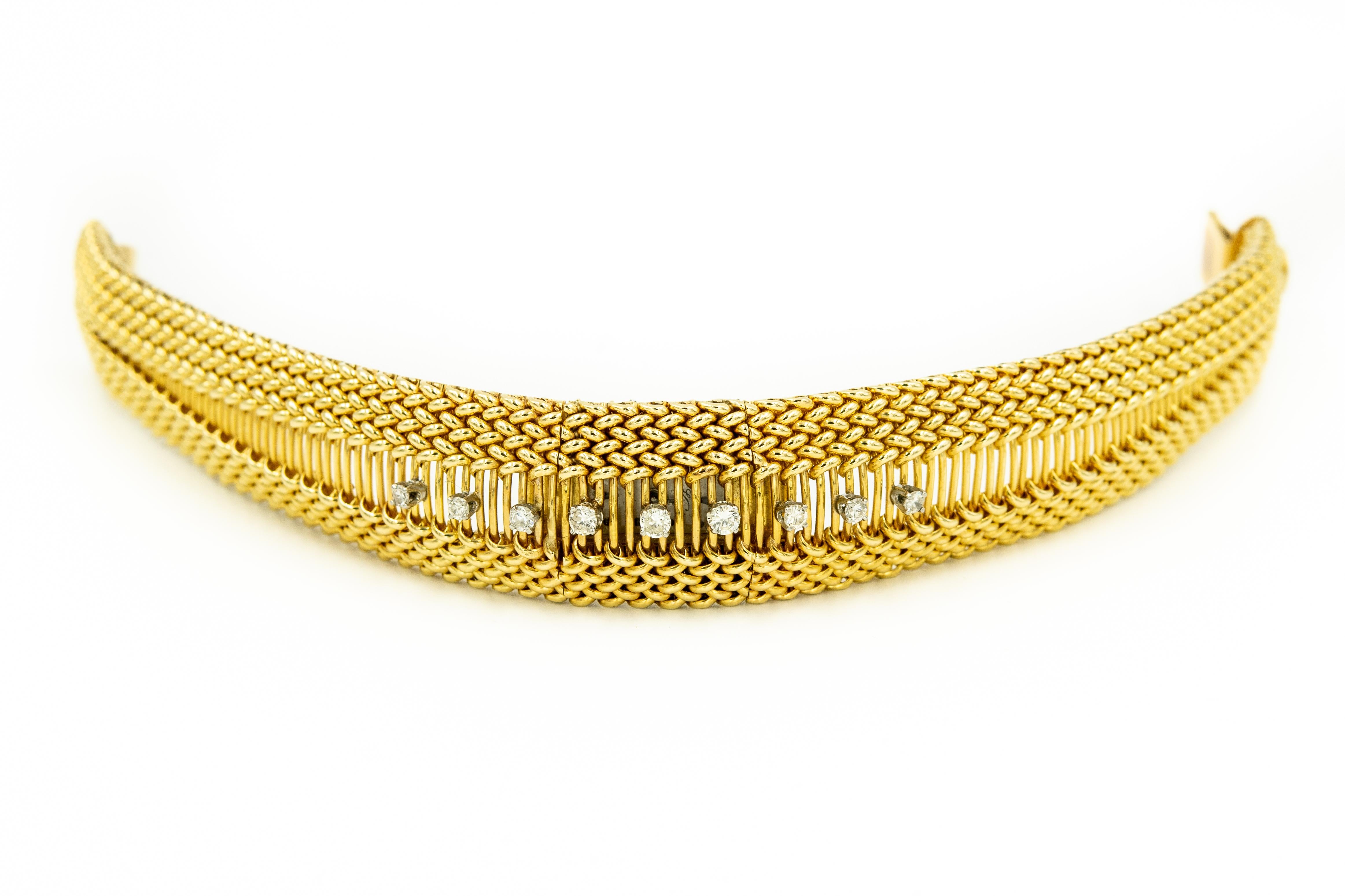 Mid-20th Century Diamond Covered Woven Yellow Gold Ladies Wristwatch Bracelet 3