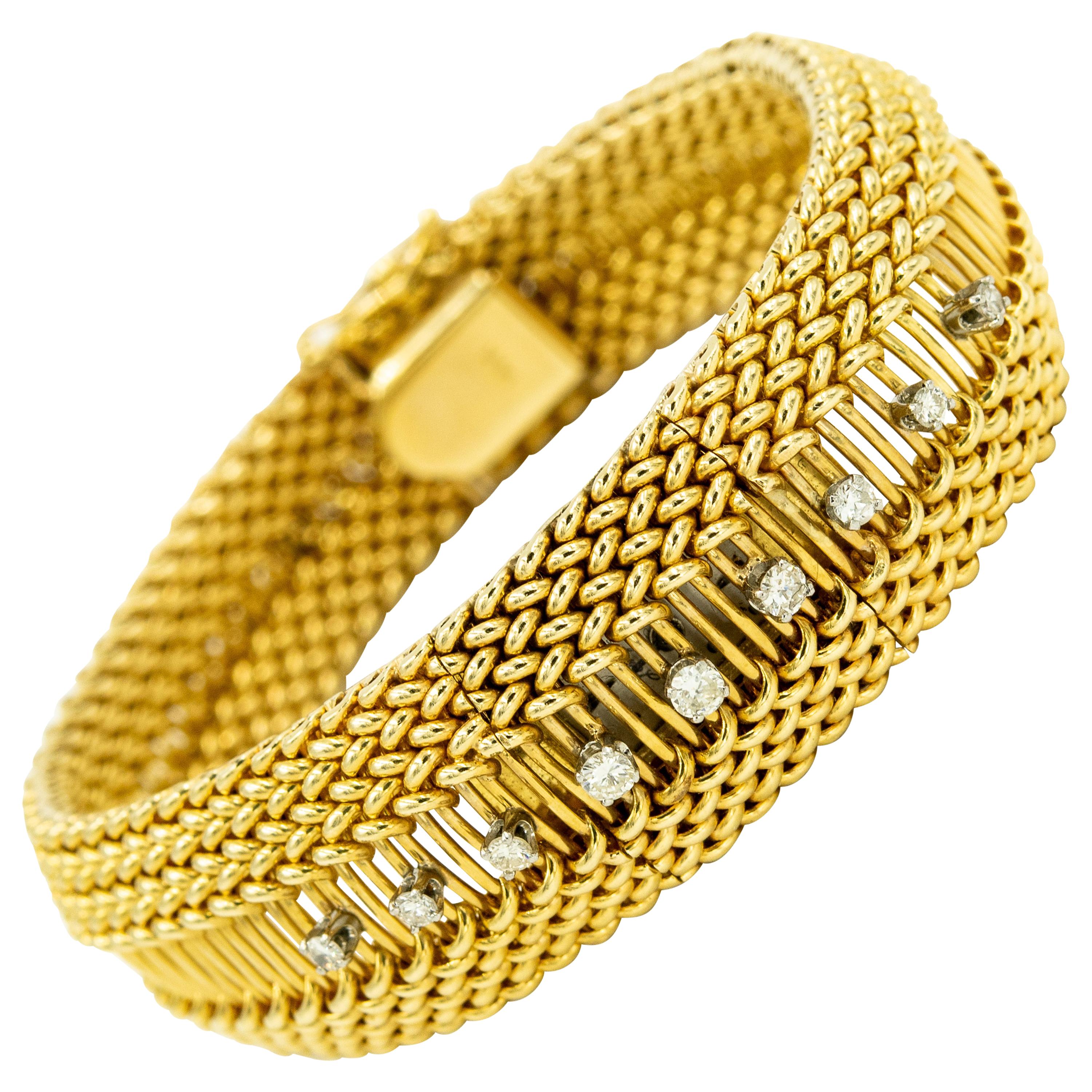 Mid-20th Century Diamond Covered Woven Yellow Gold Ladies Wristwatch Bracelet