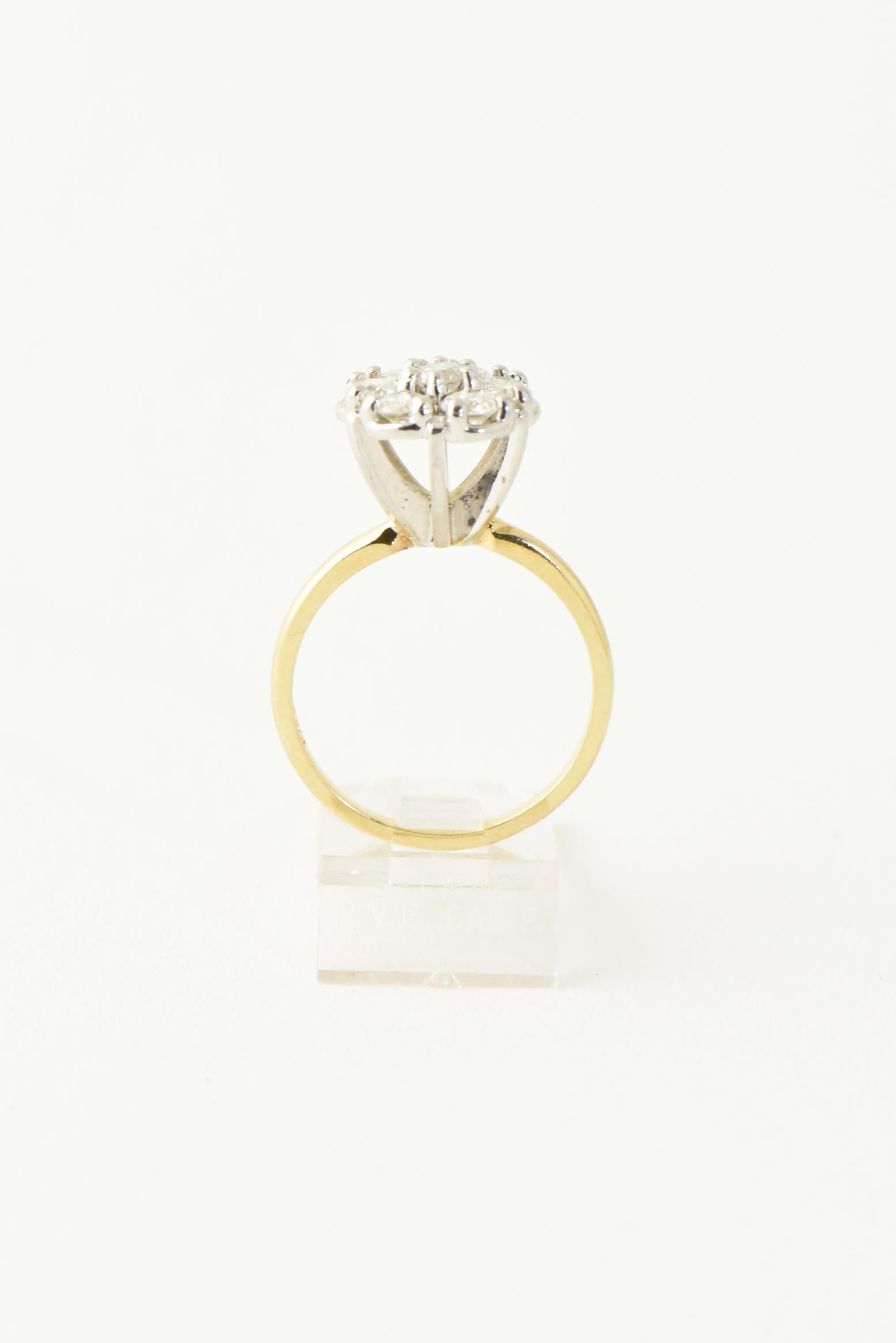 Round Cut Mid-20th Century Diamond Flower Cluster Gold Ring