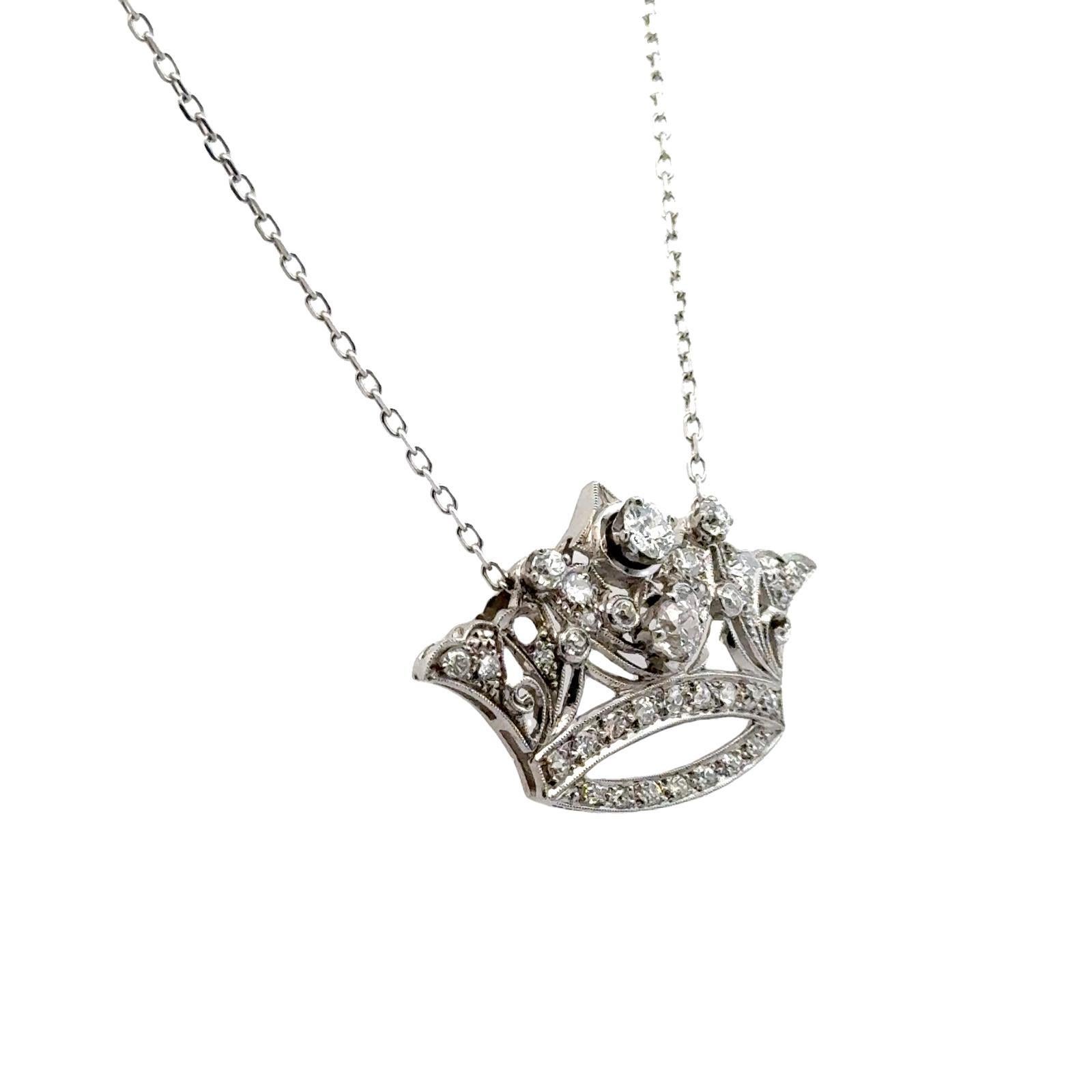 Contemporary Mid-20th Century Diamond Platinum Crown Pendant Vintage Necklace