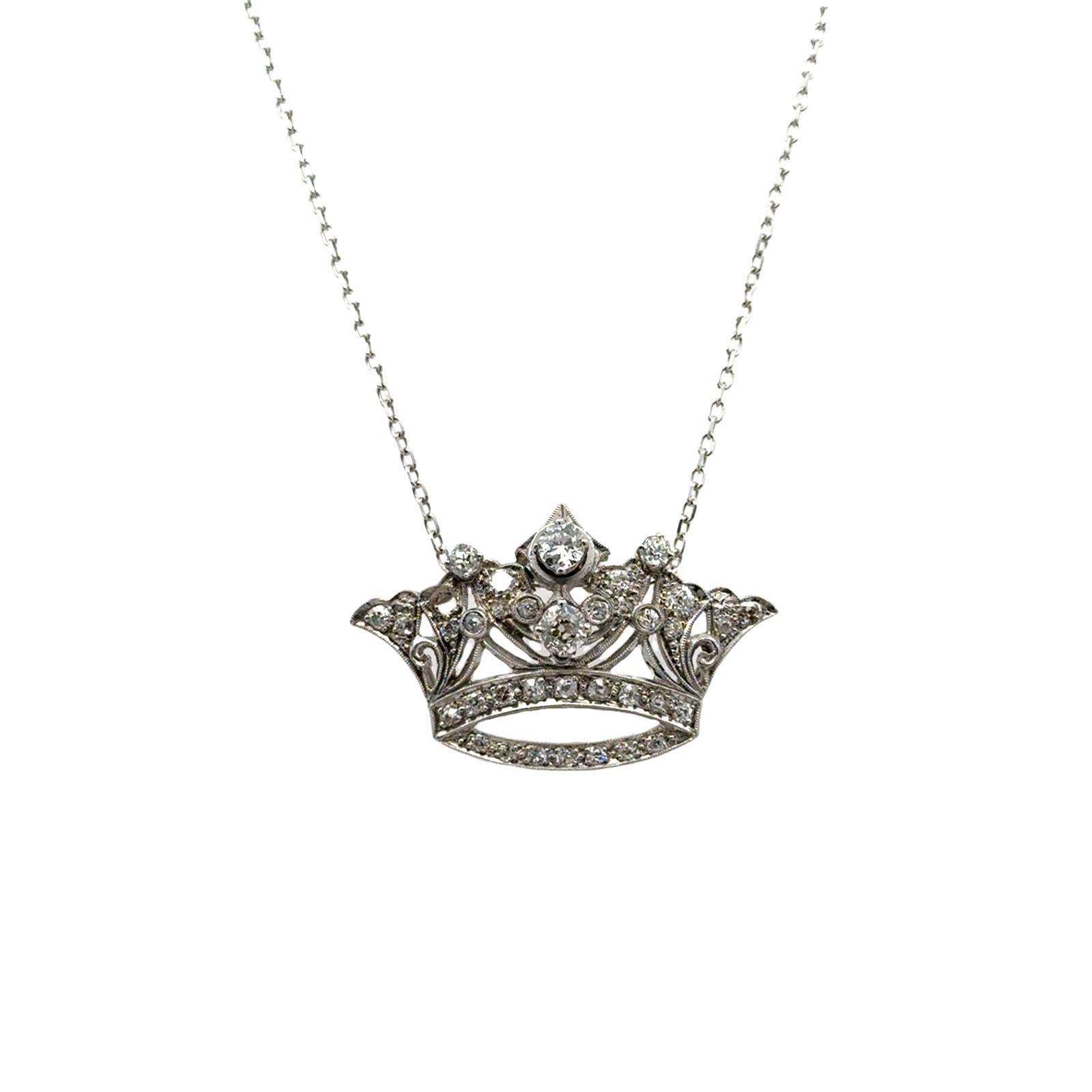 Mixed Cut Mid-20th Century Diamond Platinum Crown Pendant Vintage Necklace
