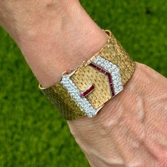 Mid-20th Century Diamond Ruby 18 Karat Rose Gold Retro Wide Link Buckle Bracelet