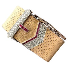 Bracciale retro a maglie larghe con diamante e rubino in oro rosa 18 carati della metà del 20° secolo