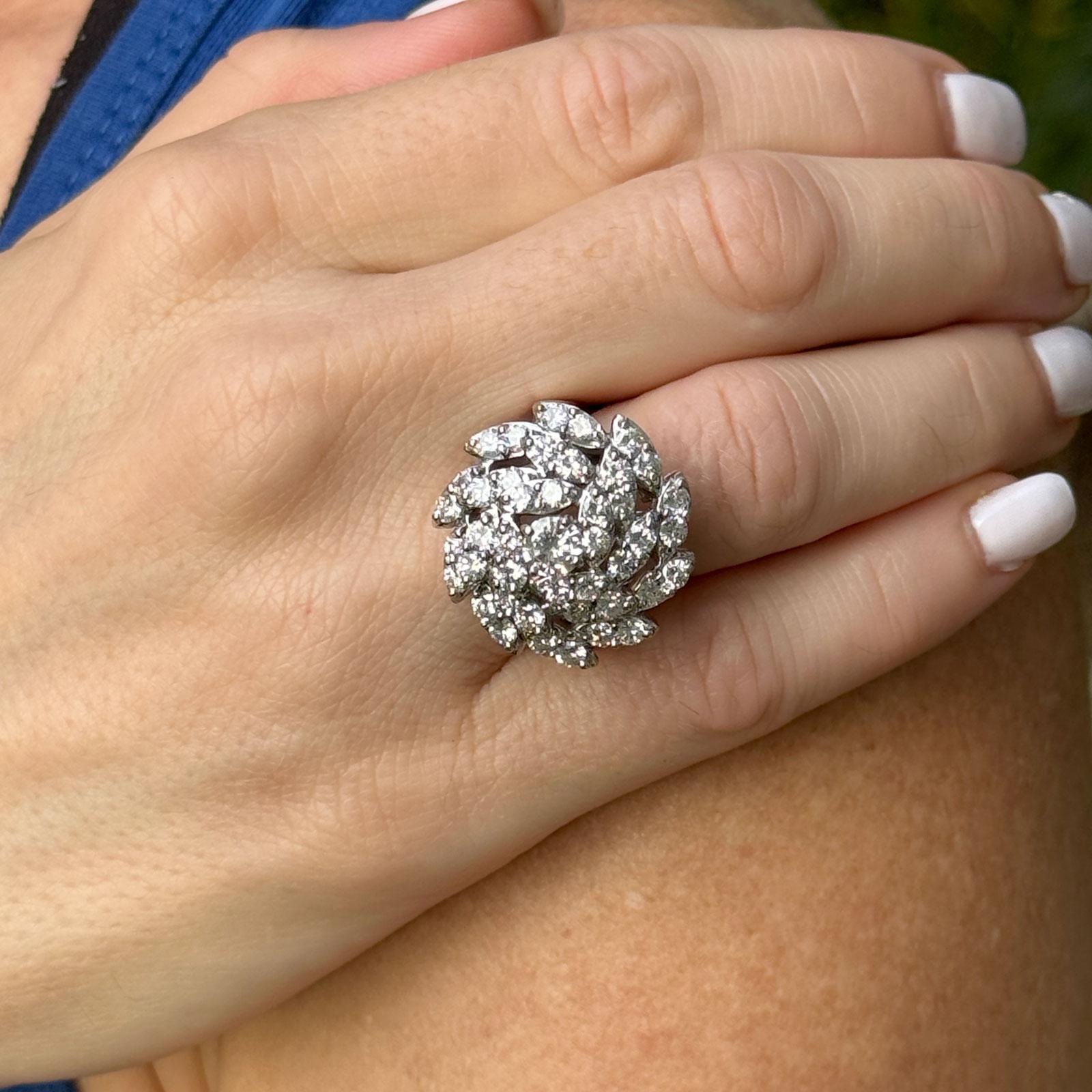 Women's Mid-20th Century Diamond Spiral Cluster Cocktail Ring 14 Karat White Gold For Sale