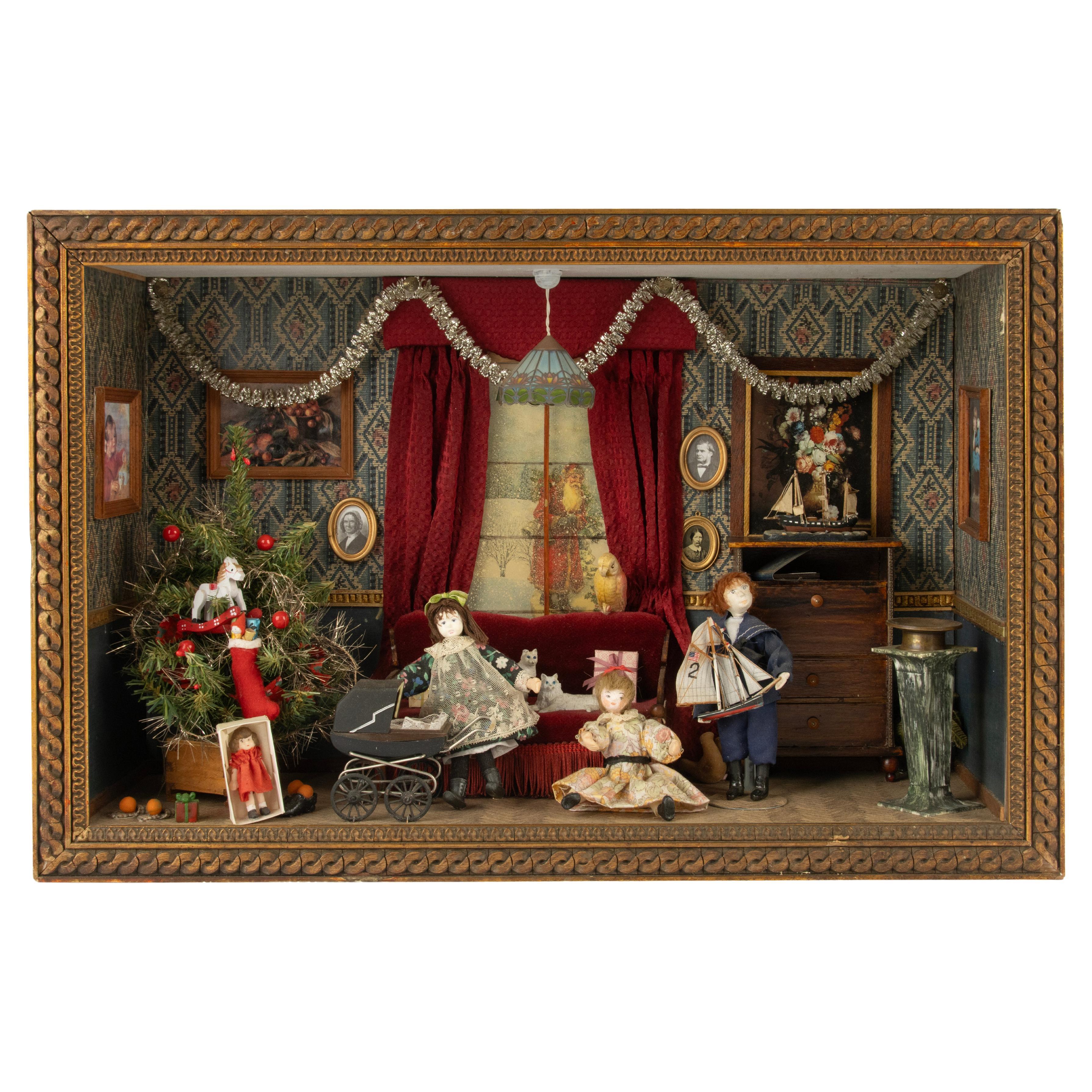 Mid 20th Century Diorama Doll House - Christmas Living Room Scene For Sale