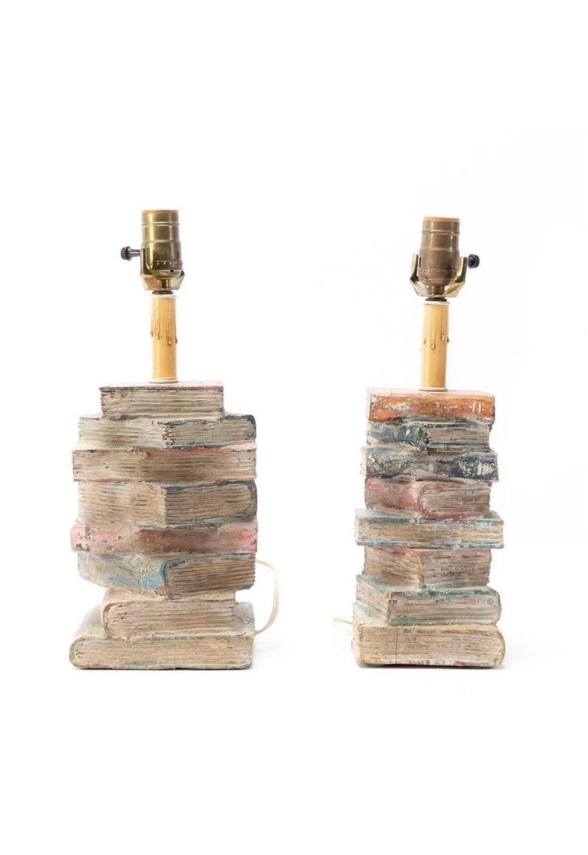 Mid-20th Century Distressed Faux Stacked Book Table Lamps, Pair In Good Condition In Atlanta, GA