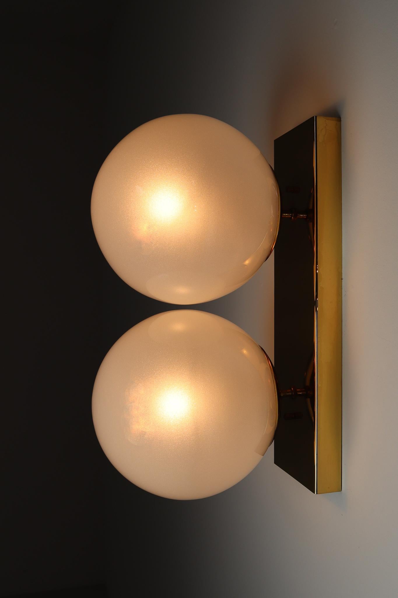 Mid-20th Century Double Brass Wall Scones with Hand Blowed Frosted Glass Globes For Sale 9
