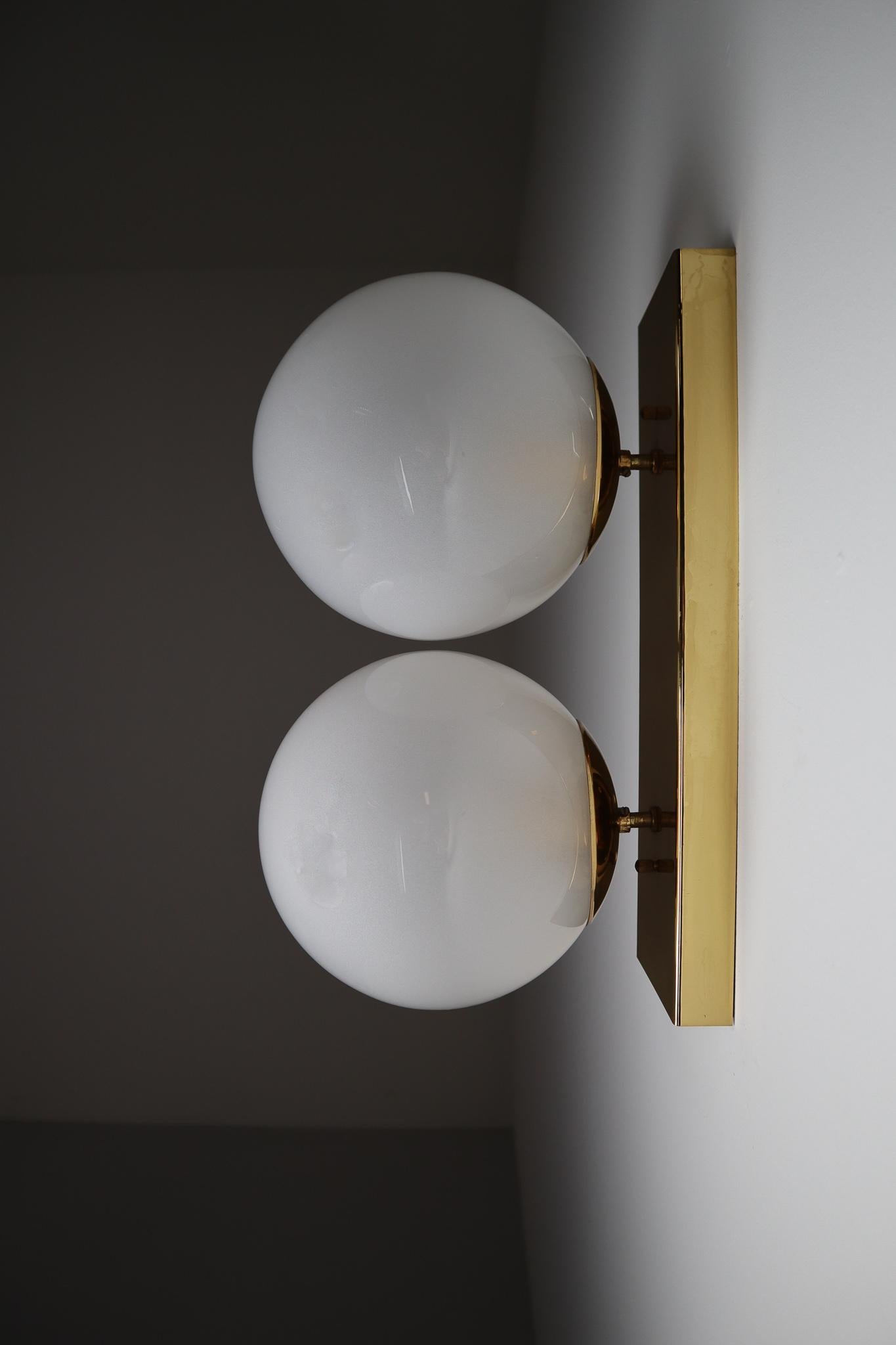 Mid-20th Century Double Brass Wall Scones with Hand Blowed Frosted Glass Globes For Sale 2