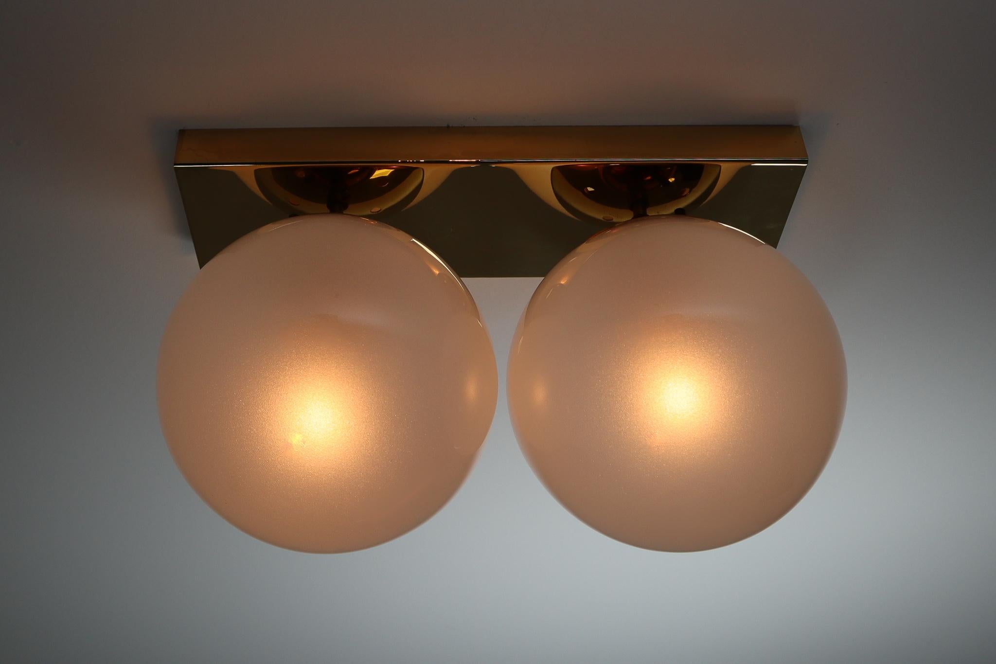 Mid-20th Century Double Brass Wall Scones with Hand Blowed Frosted Glass Globes For Sale 3