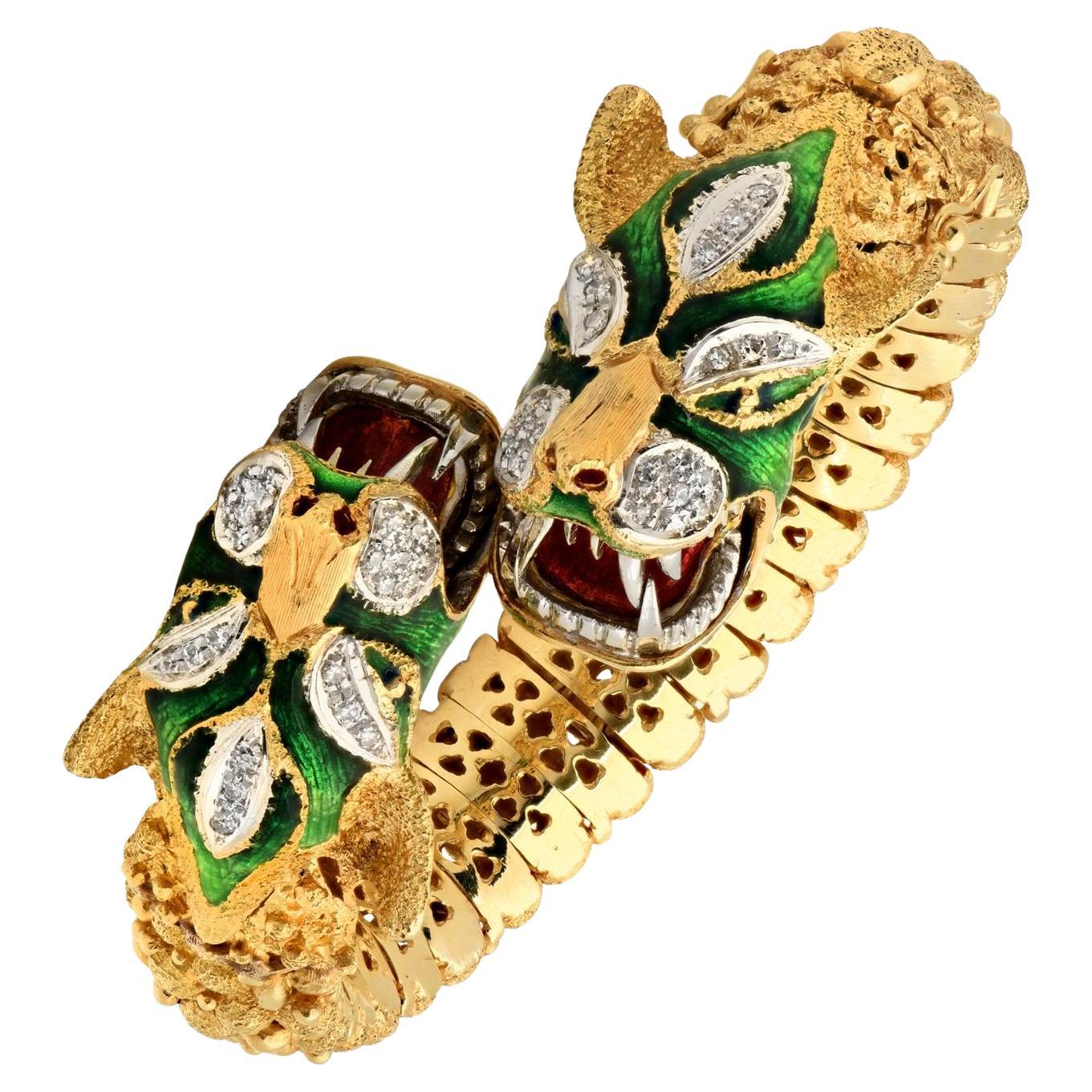 Mid-20th Century Double Head Dragon Diamond Enamel 18K Flexible Bangle Bracelet