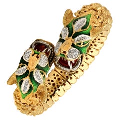 Mid-20th Century Double Head Dragon Diamond Enamel 18K Flexible Bangle Bracelet