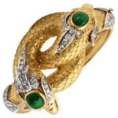 Mid-20th Century Double Snake Head Diamond Emerald Hinged Bangle Bracelet