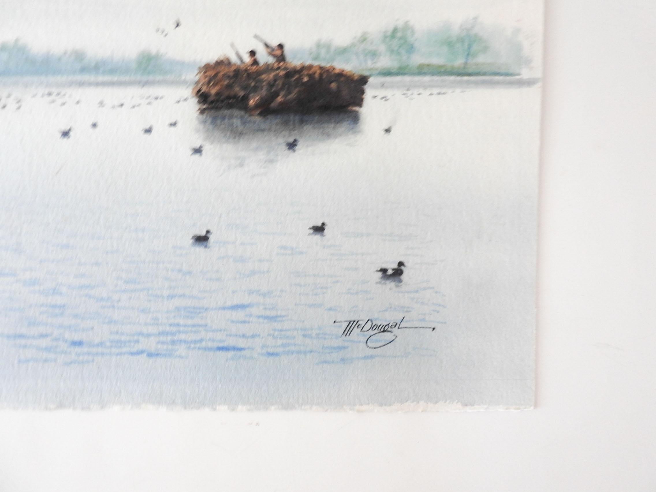 Vintage mid-20th century watercolor on paper of duck hunters by Ivan Ellis McDoughall (b. 1927) Texas. Signé dans le coin inférieur droit, une autre peinture au verso. Non encadré, restes de ruban adhésif au verso.