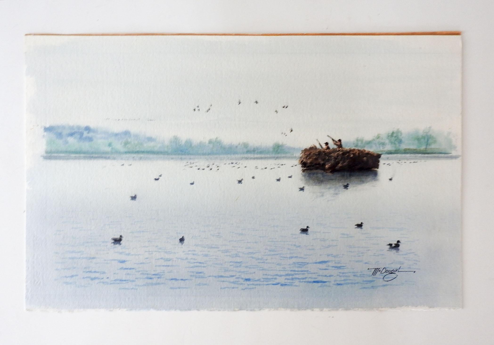 Rustic Mid-20th Century Duck Hunters Watercolor Painting For Sale