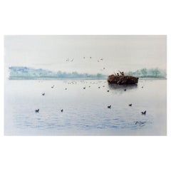 Vintage Mid-20th Century Duck Hunters Watercolor Painting