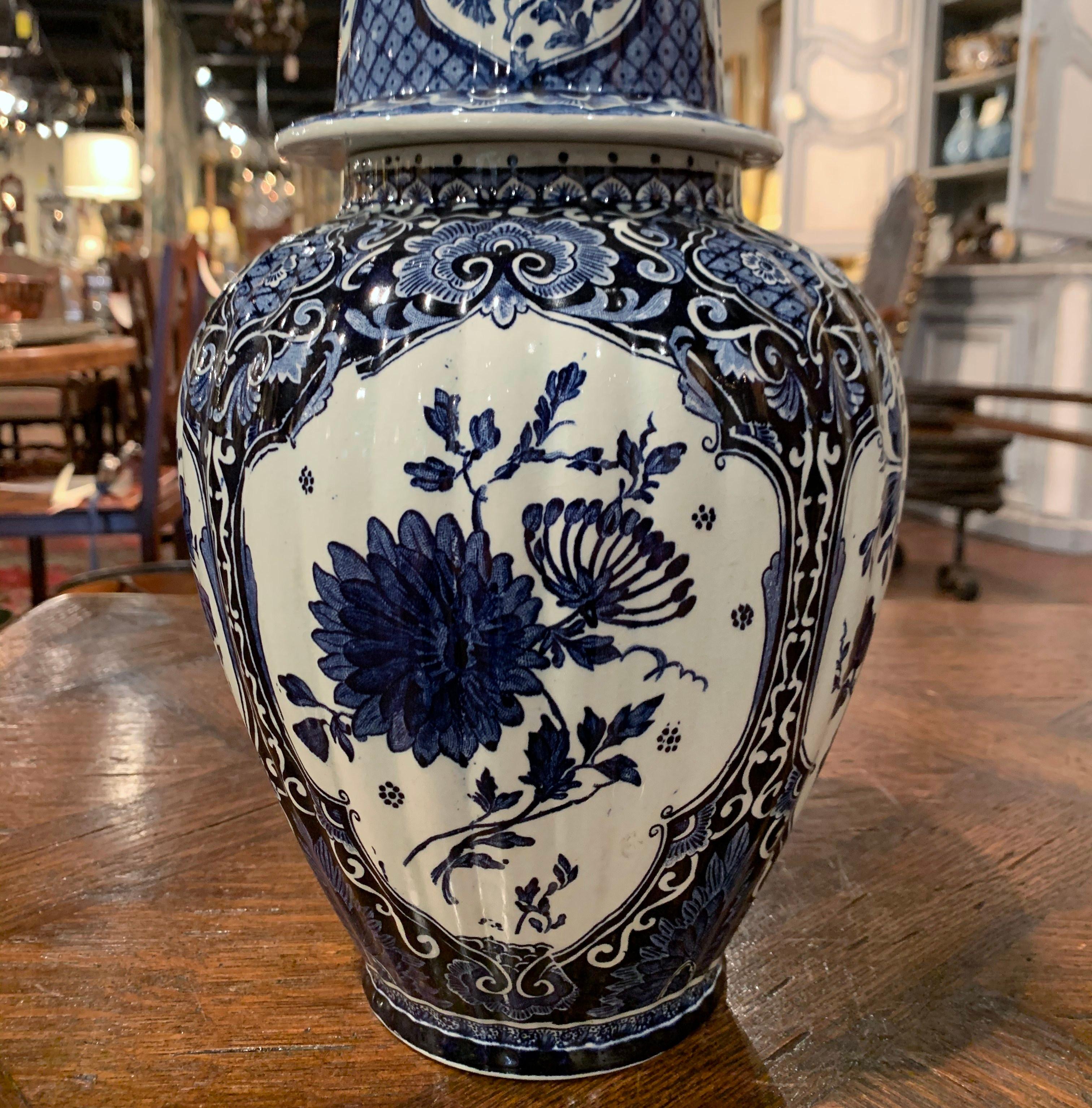 Ceramic Mid-20th Century Dutch Blue and White Floral Royal Delft Ginger Jar with Lid