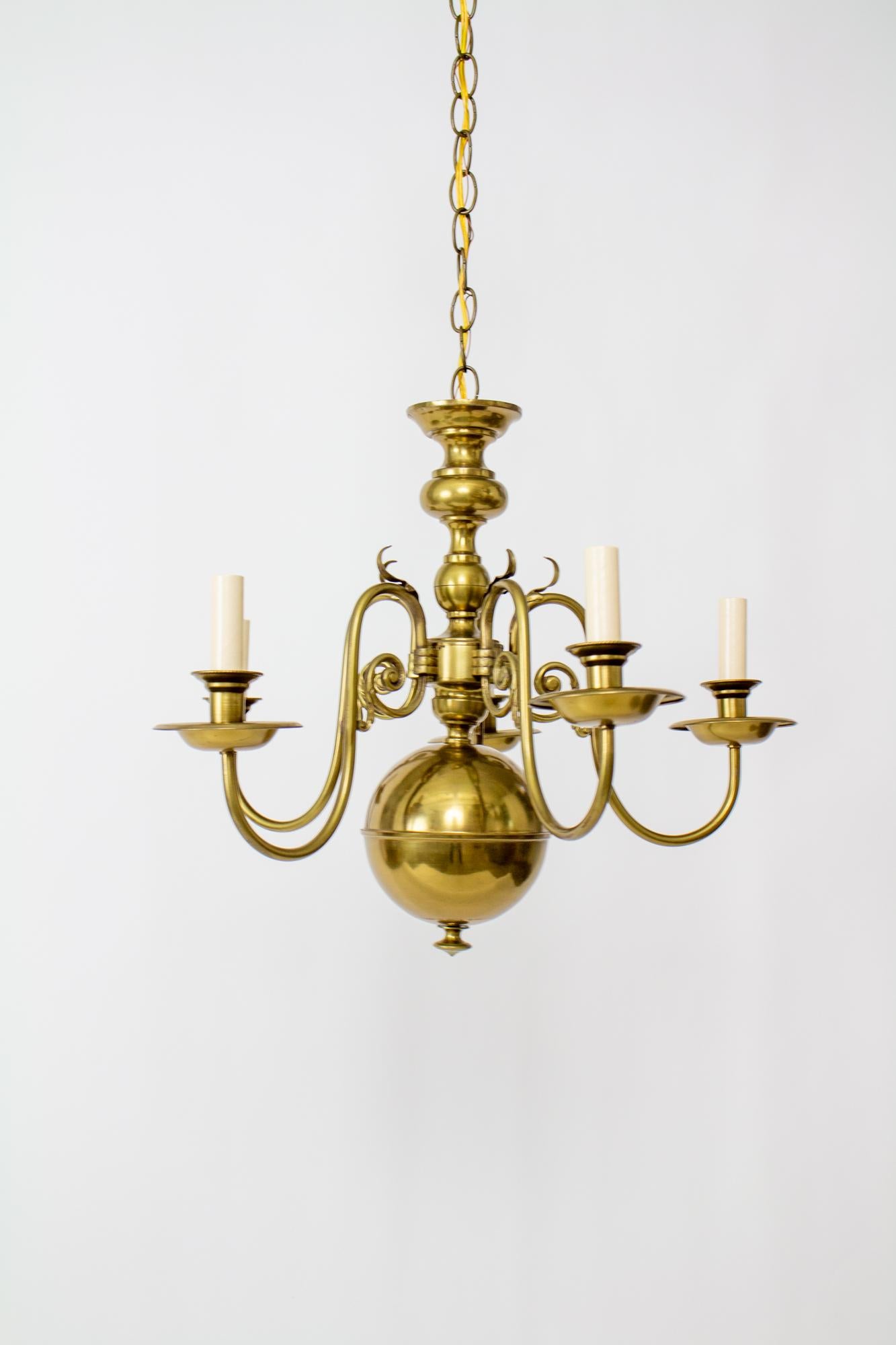 Mid-20th Century Dutch Colonial Style Brass Chandelier In Good Condition In Canton, MA