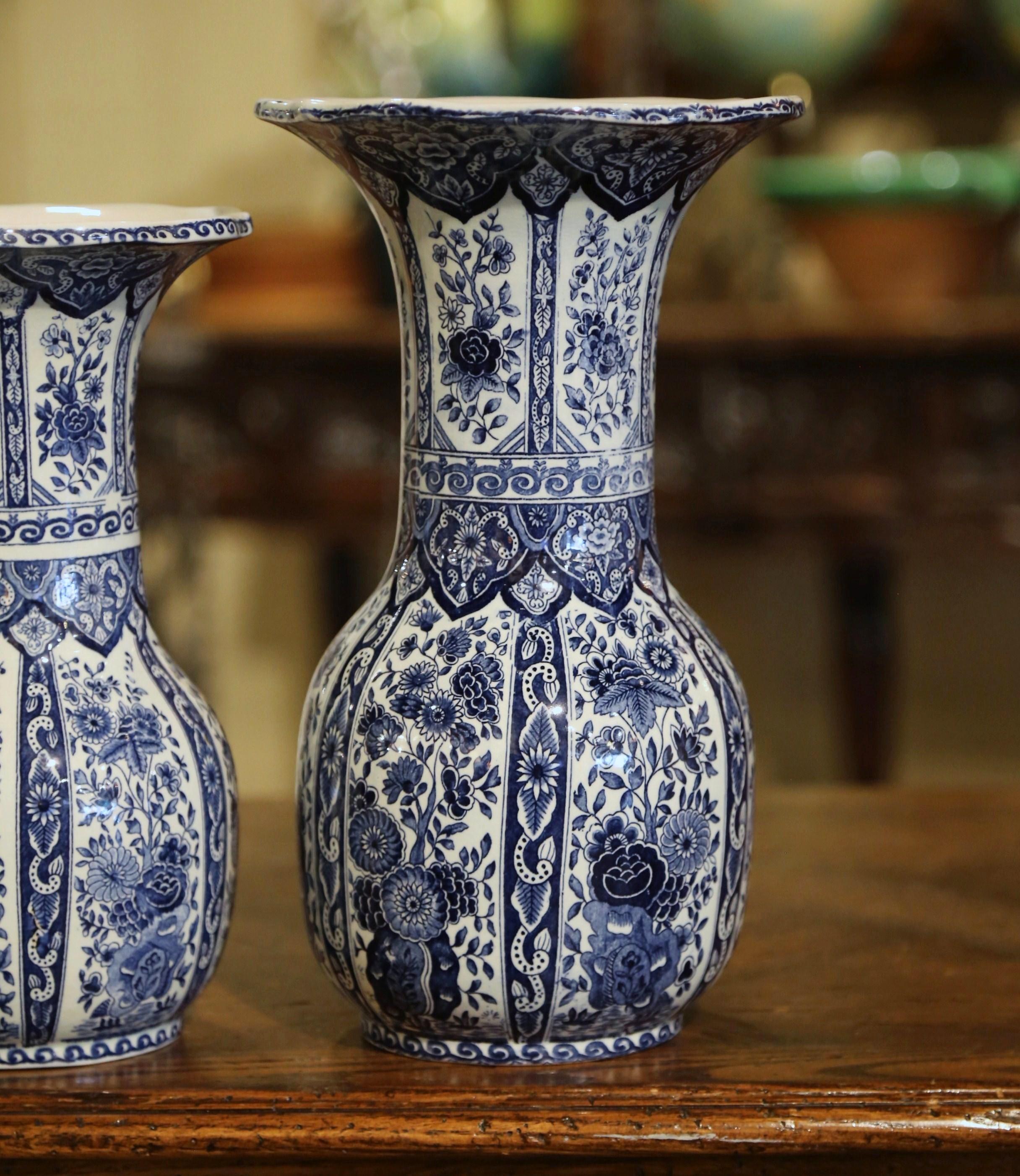 Ceramic Mid-20th Century Dutch Royal Blue & White Painted Faience Delft Vases, Set of 3
