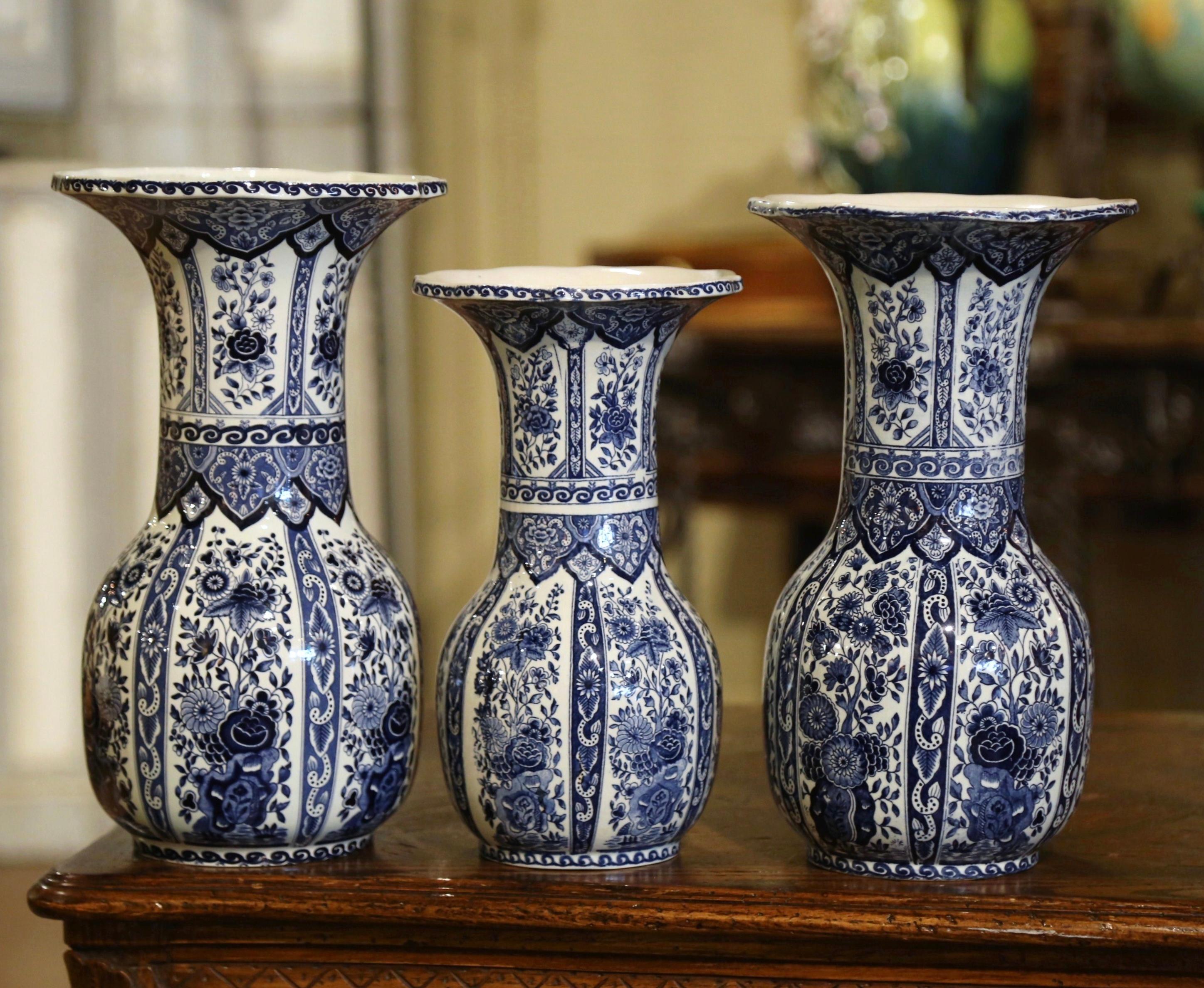 Mid-20th Century Dutch Royal Blue & White Painted Faience Delft Vases, Set of 3 1