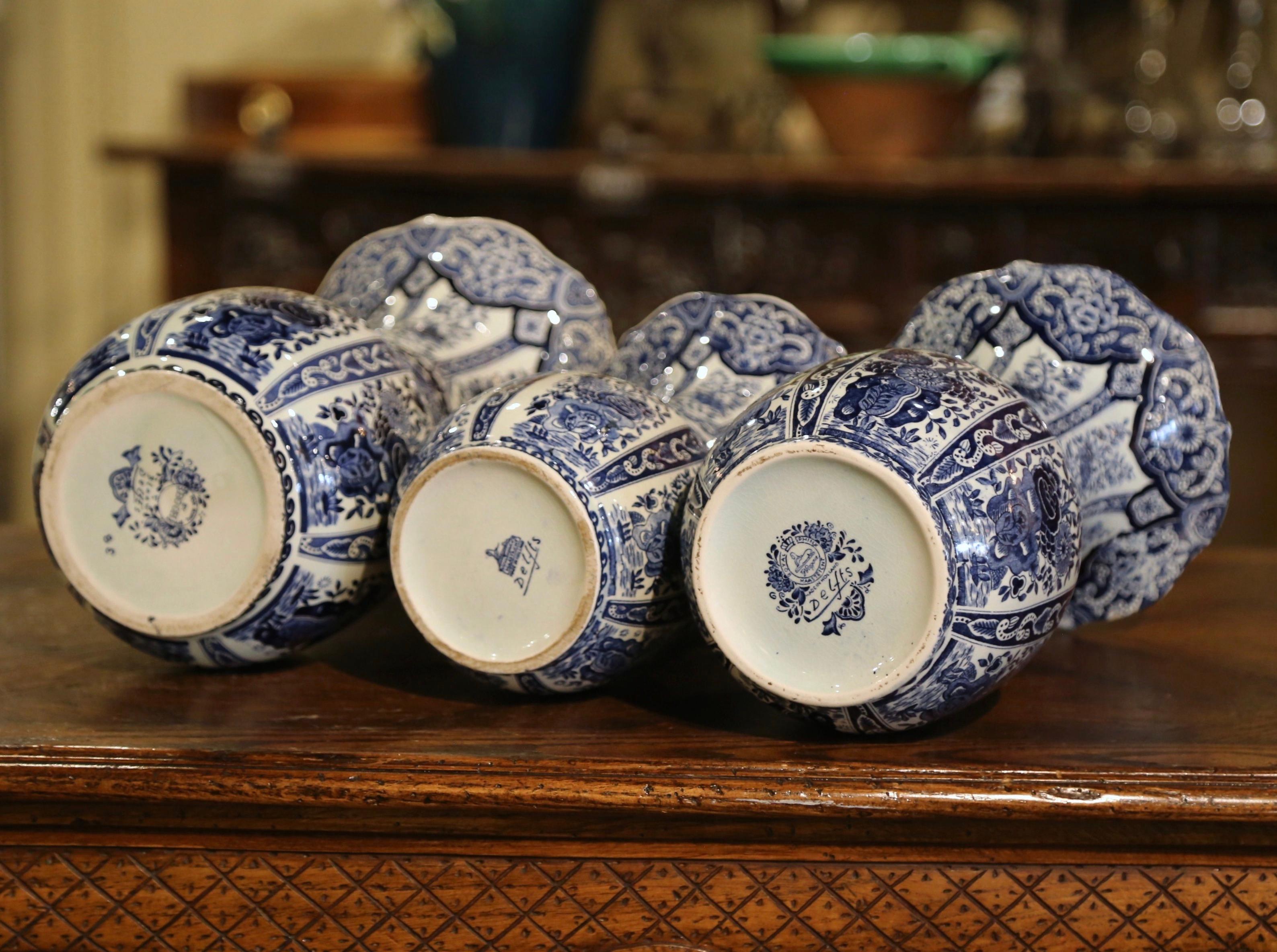 Mid-20th Century Dutch Royal Blue & White Painted Faience Delft Vases, Set of 3 2