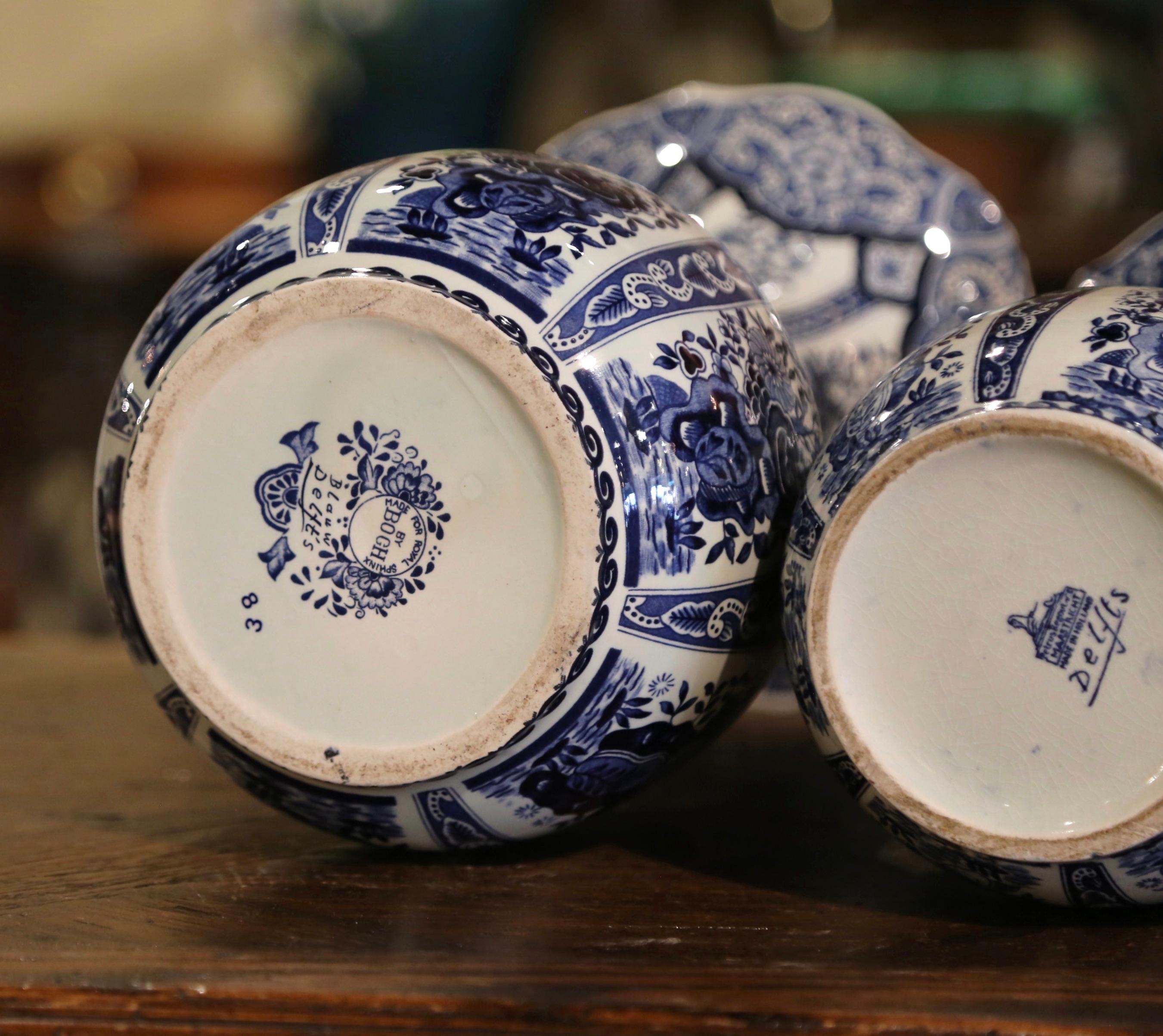 Mid-20th Century Dutch Royal Blue & White Painted Faience Delft Vases, Set of 3 3
