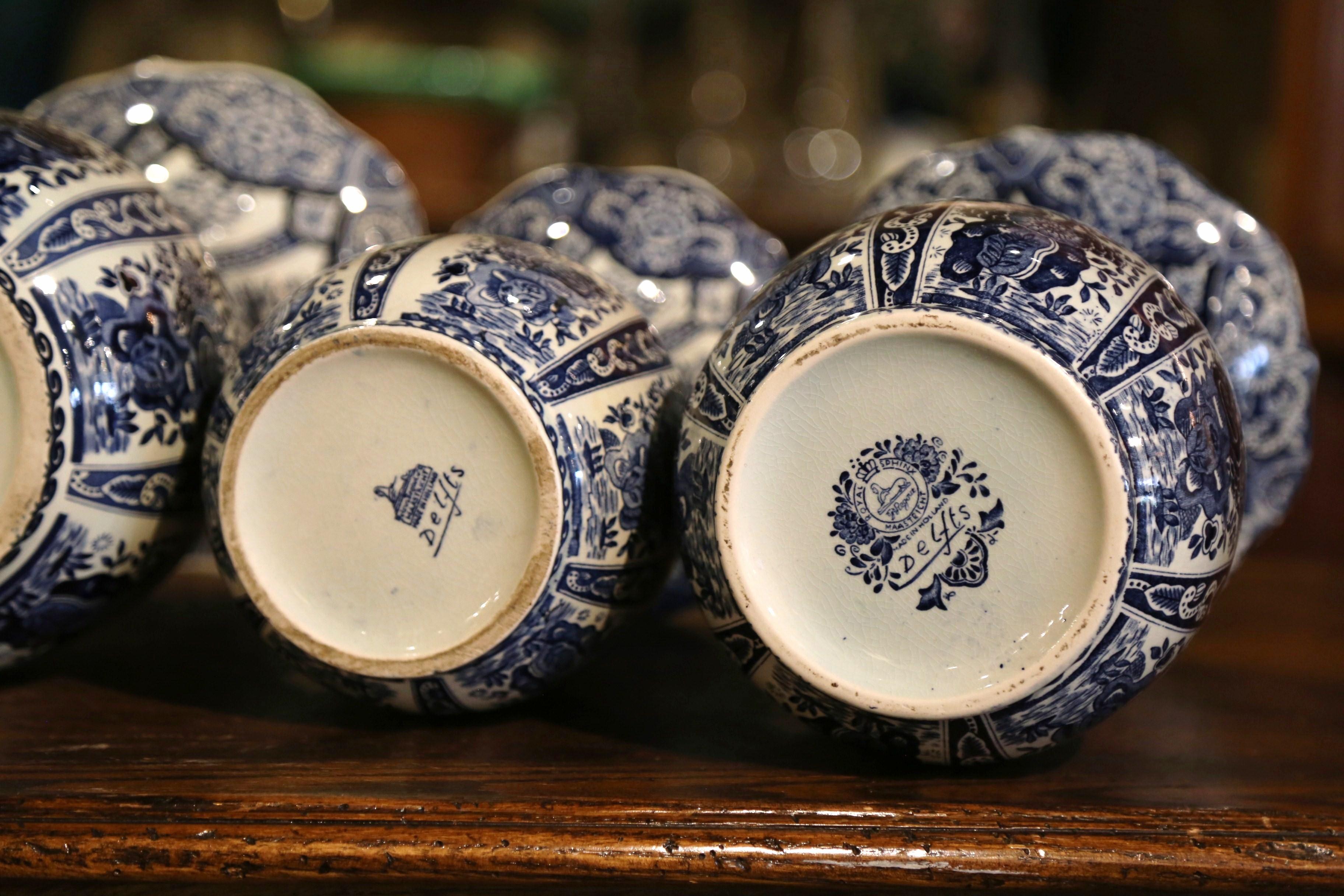 Mid-20th Century Dutch Royal Blue & White Painted Faience Delft Vases, Set of 3 4
