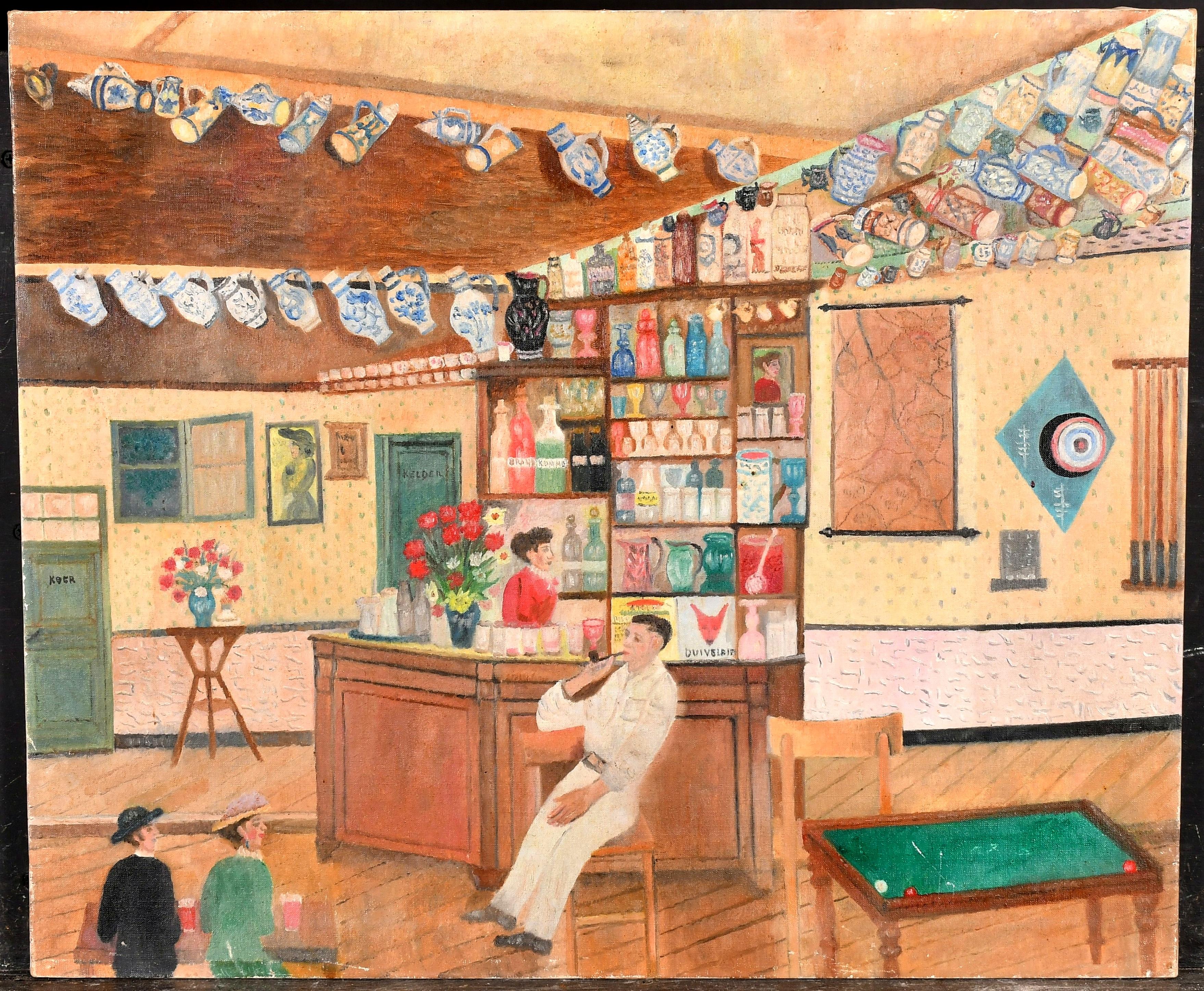 Le bar - Peinture figurative d'un intérieur naïf hollandais du milieu du 20e siècle - Painting de Mid 20th Century Dutch School