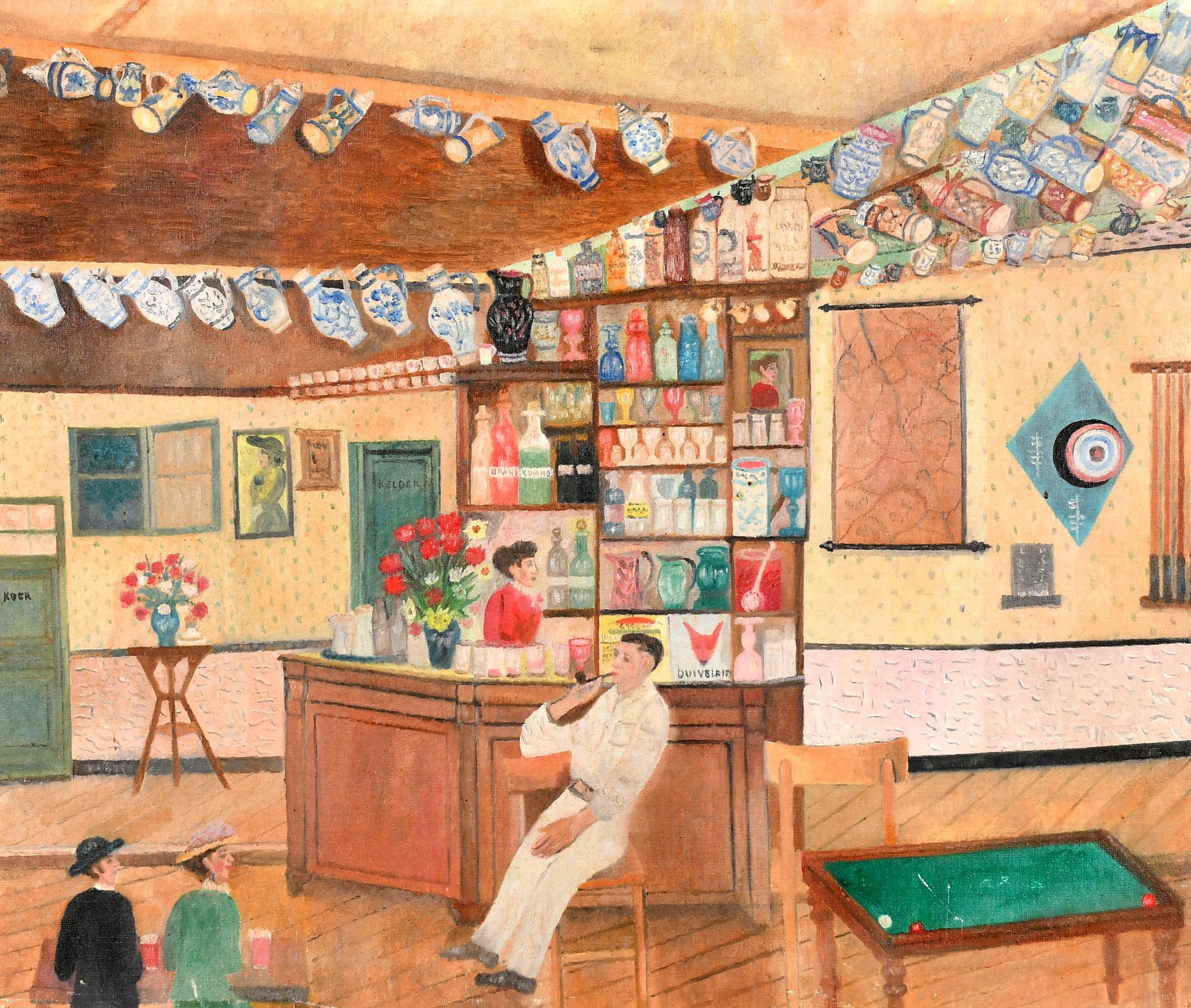 The Bar - Mid 20th Century Dutch Naif Interior Figurative Oil on Canvas Painting For Sale 1