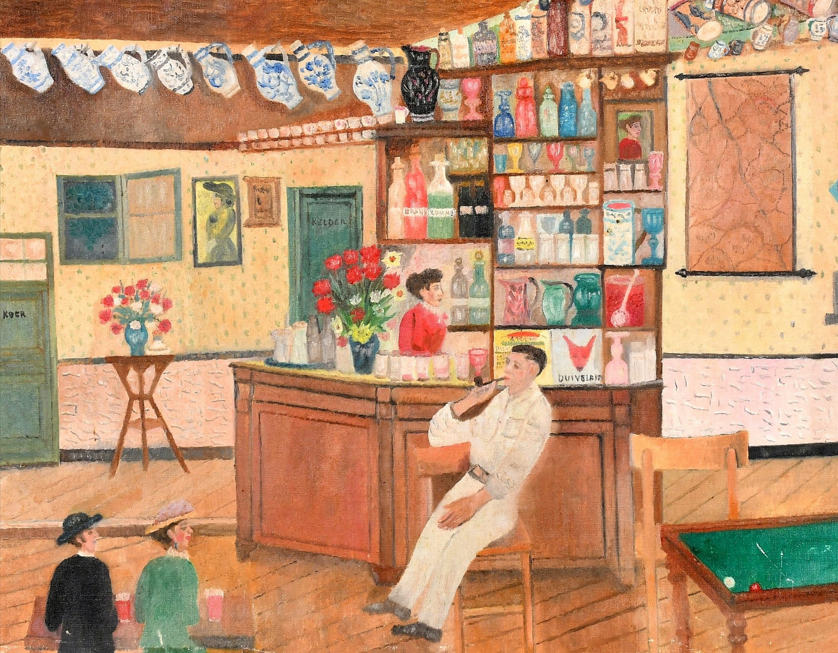 The Bar - Mid 20th Century Dutch Naif Interior Figurative Oil on Canvas Painting For Sale 2