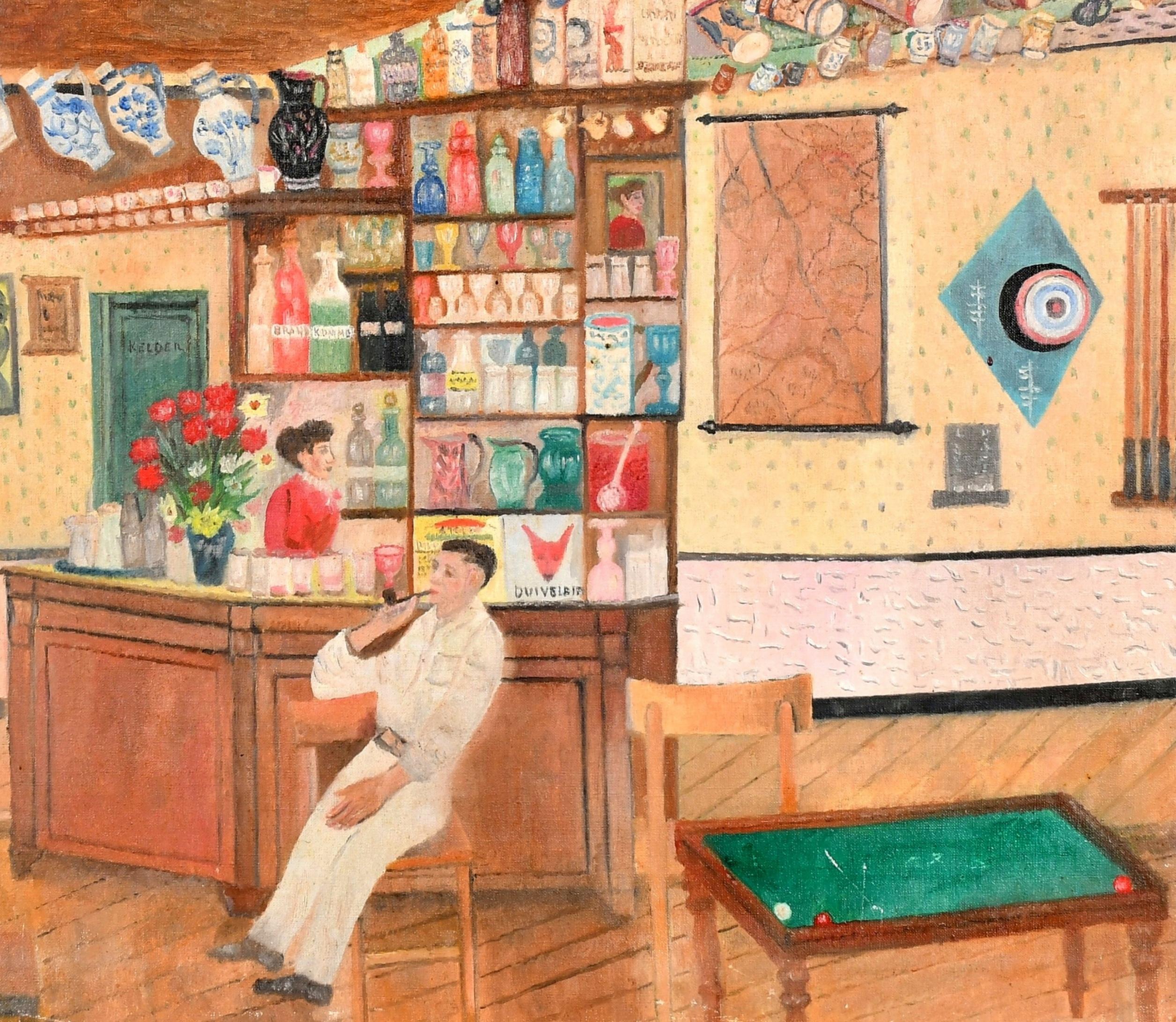 The Bar - Mid 20th Century Dutch Naif Interior Figurative Oil on Canvas Painting For Sale 3