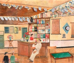 El Bar - Pintura al óleo sobre lienzo figurativa de mediados del siglo XX sobre un interior naif holandés