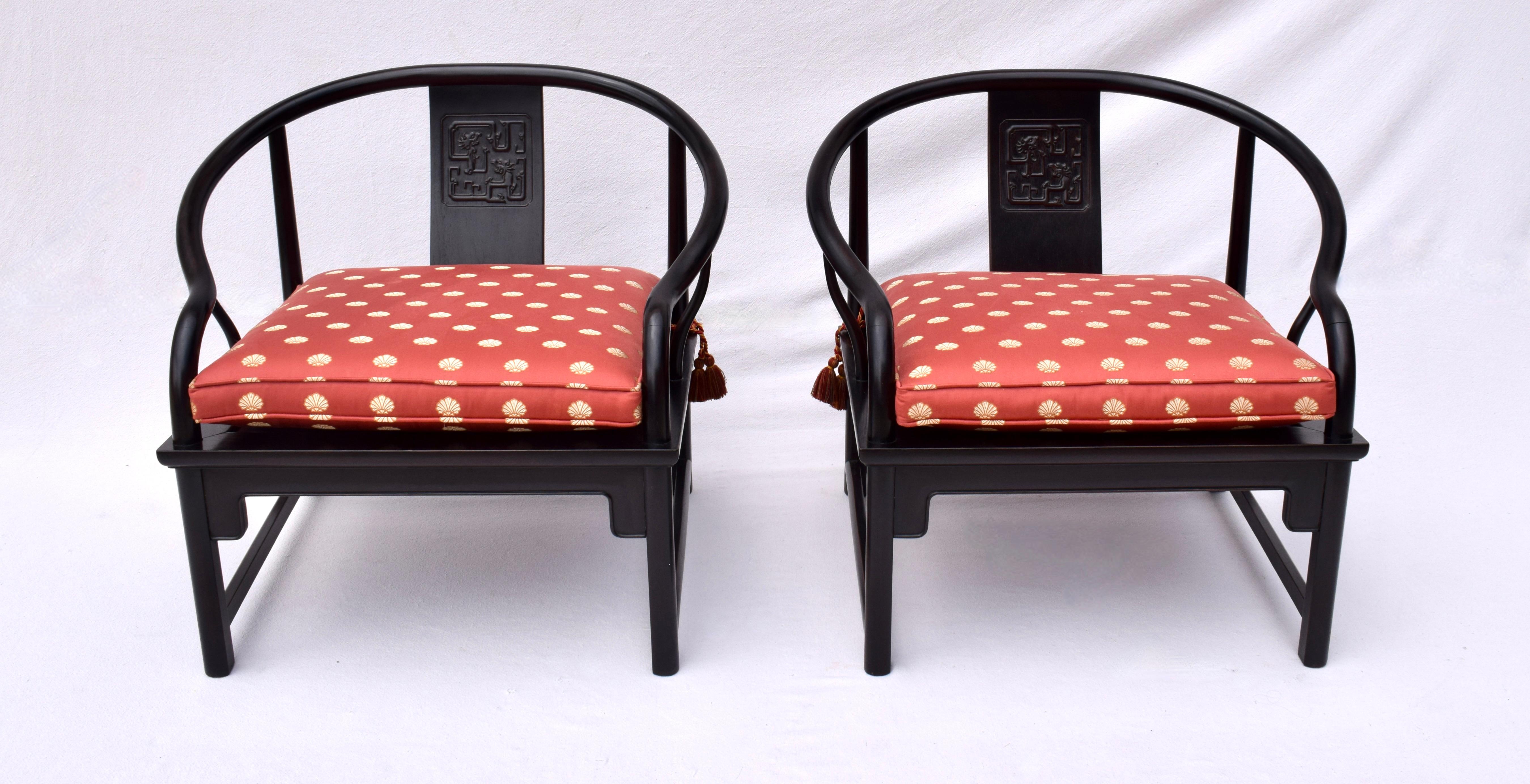 Chinoiserie Mid 20th Century Ebony Horseshoe Lounge Chairs For Sale
