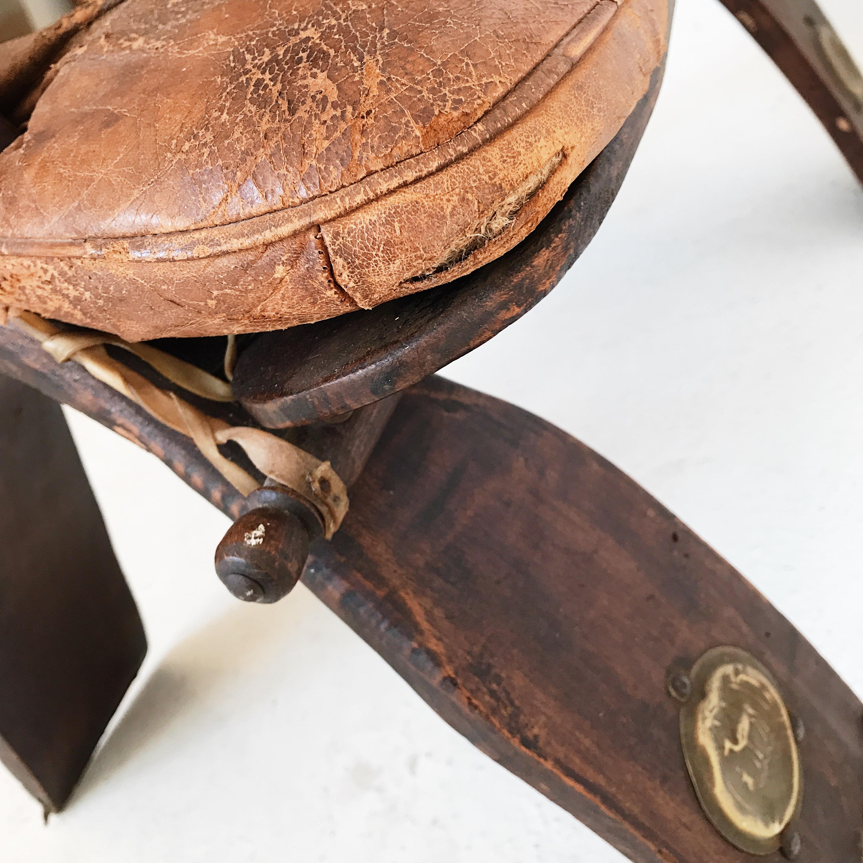 Mid-20th Century Egyptian Wooden Camel Saddle Stool with Original Leather Saddle For Sale 5