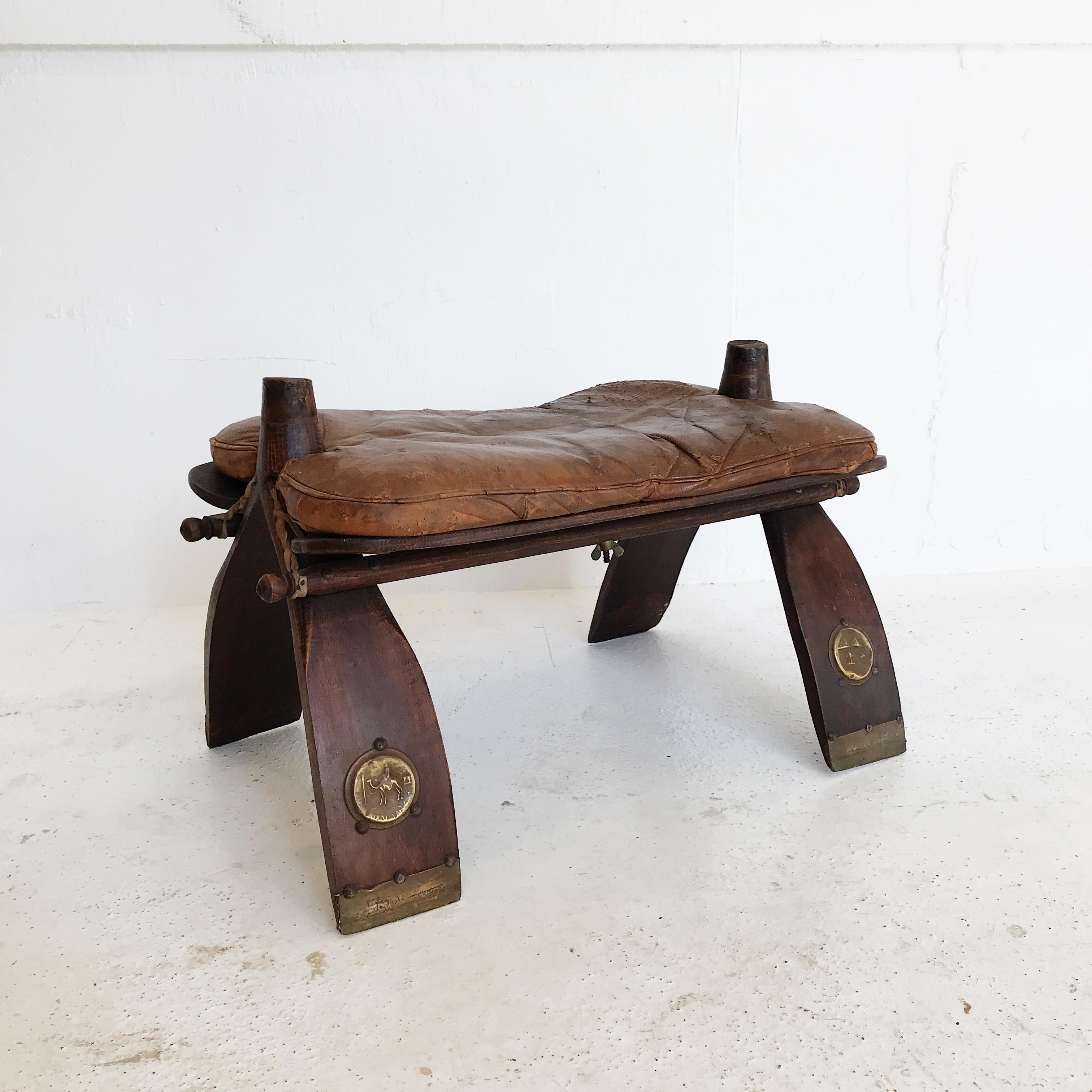 Mid-20th Century Egyptian Wooden Camel Saddle Stool with Original Leather Saddle For Sale 8
